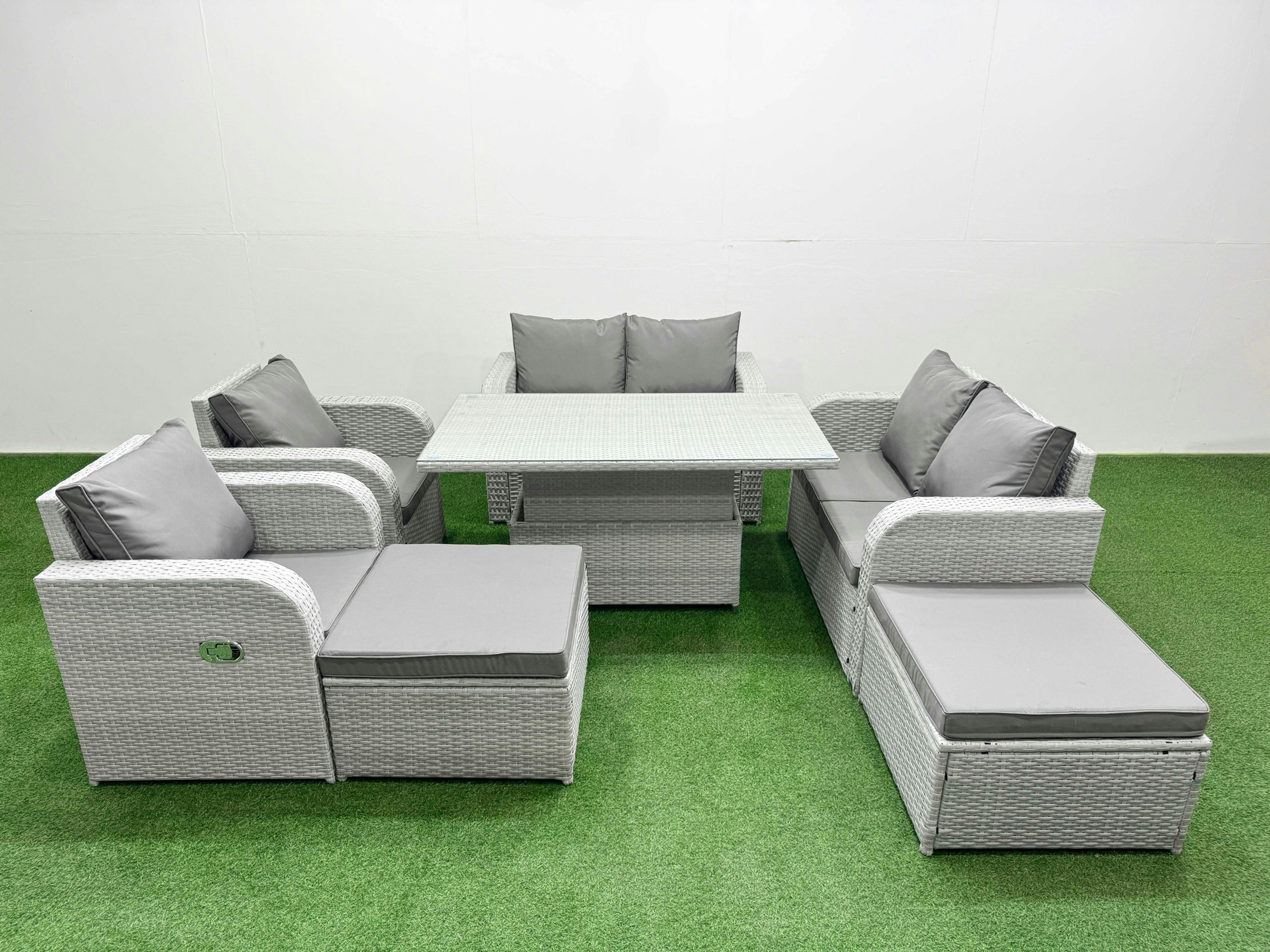 Fimous Light/Grey 8 Seater Rattan Garden Furniture Set - With Reclining Chair, Loveseat & Adjustable Lifting Dining/Coffee Table & 2 Footstools