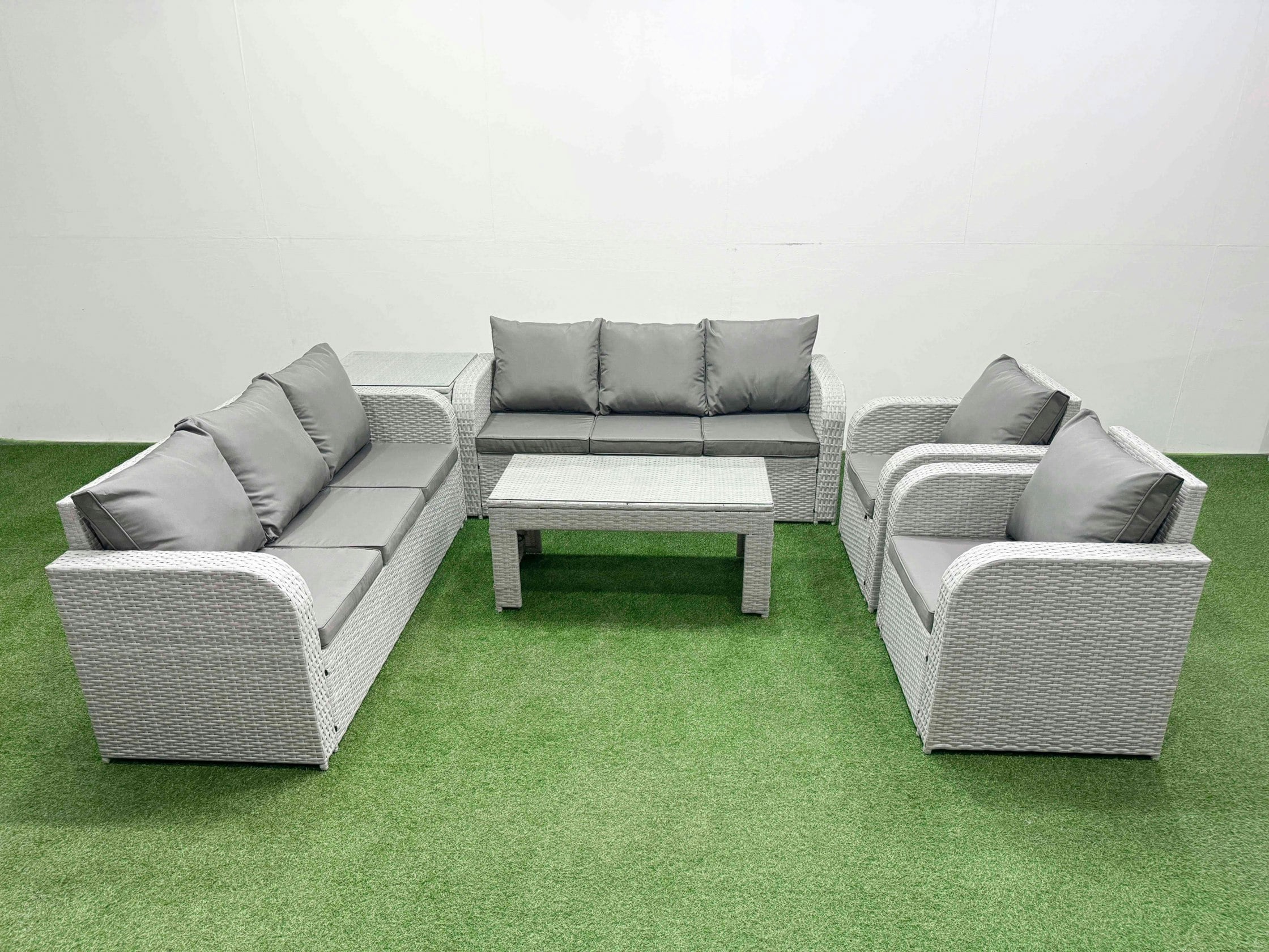 Fimous Light/Grey Pe Rattan High Back Lounge Sofa Set Patio Oblong Coffee Table & Chairs Set With 3 Seater Sofa Reclining Chair Side Table