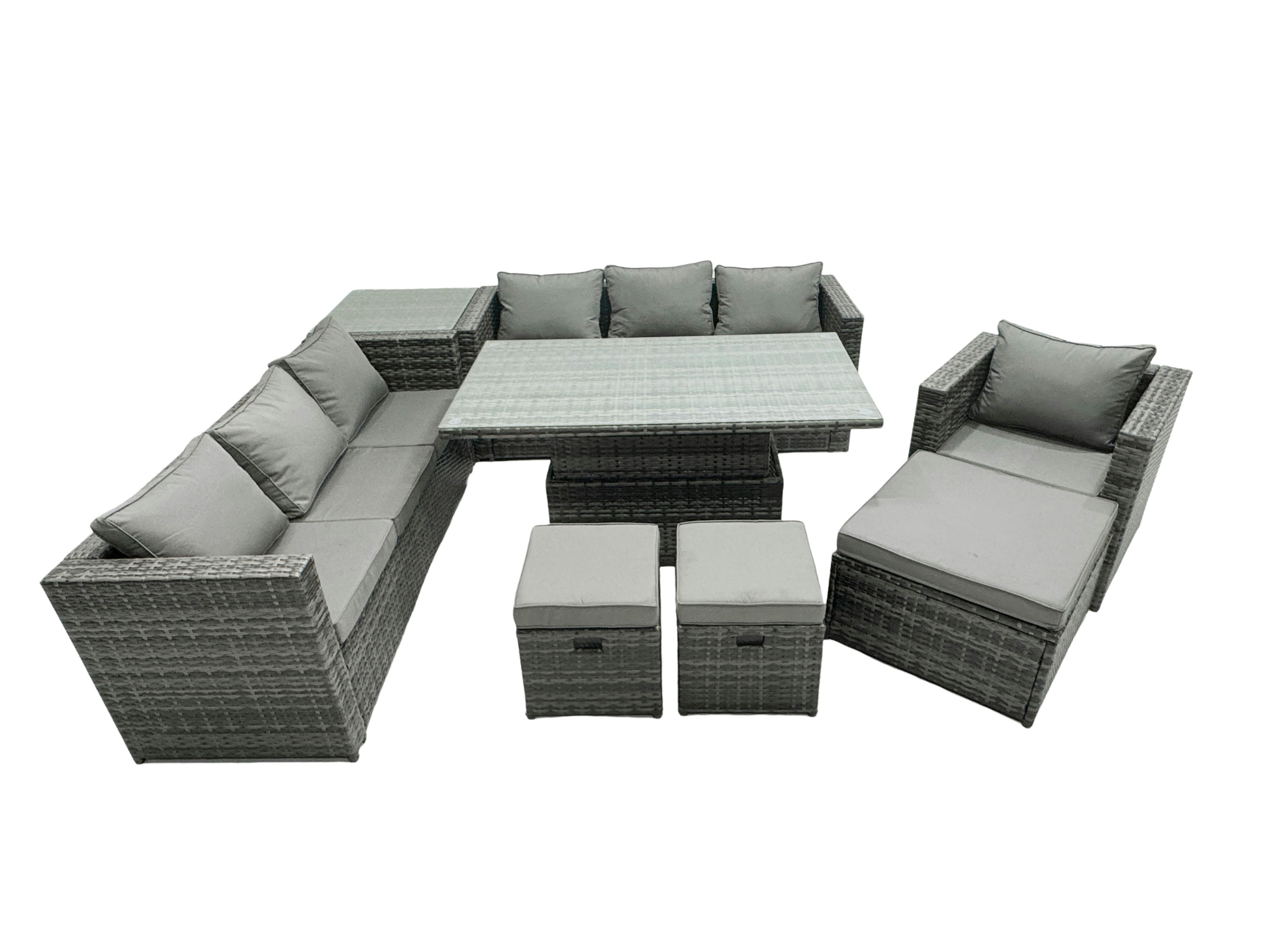 Fimous Dark/Grey Pe Rattan Garden Furniture Set Lounge Sofa Rising Dining Table Set With Side Table 3 Footstool Mixed