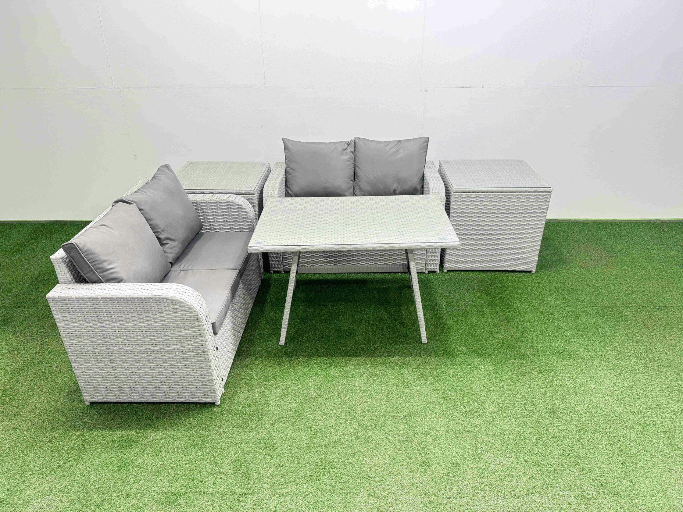 Fimous Light/Grey 4 Seat Outdoor Love Sofa Set Rattan Garden Furniture Set With Rectangular Dining Table 2 Side Tables