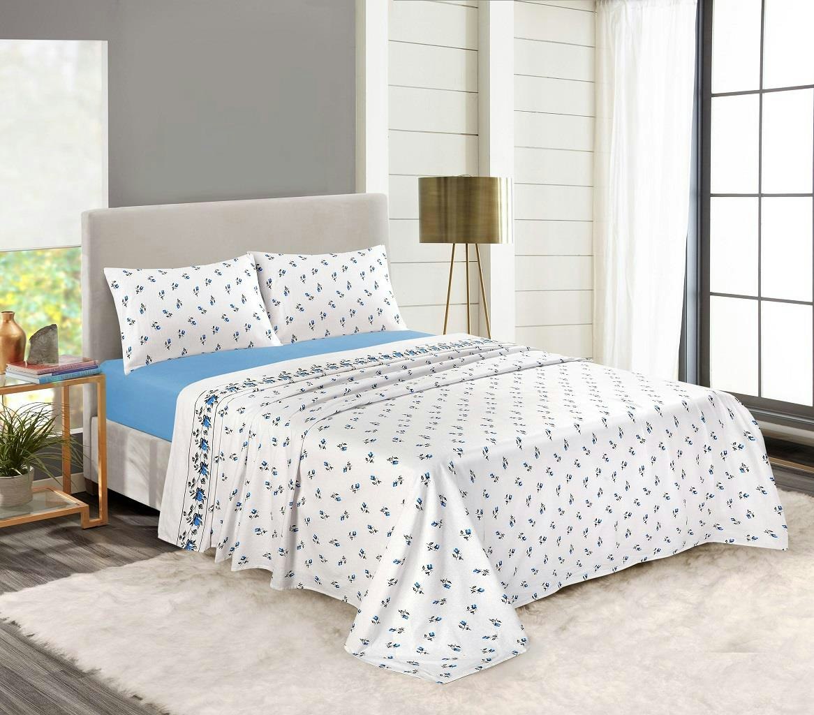Homespace Direct Blue Rosebud Brushed Cotton Flannelette Sheet Set - Double