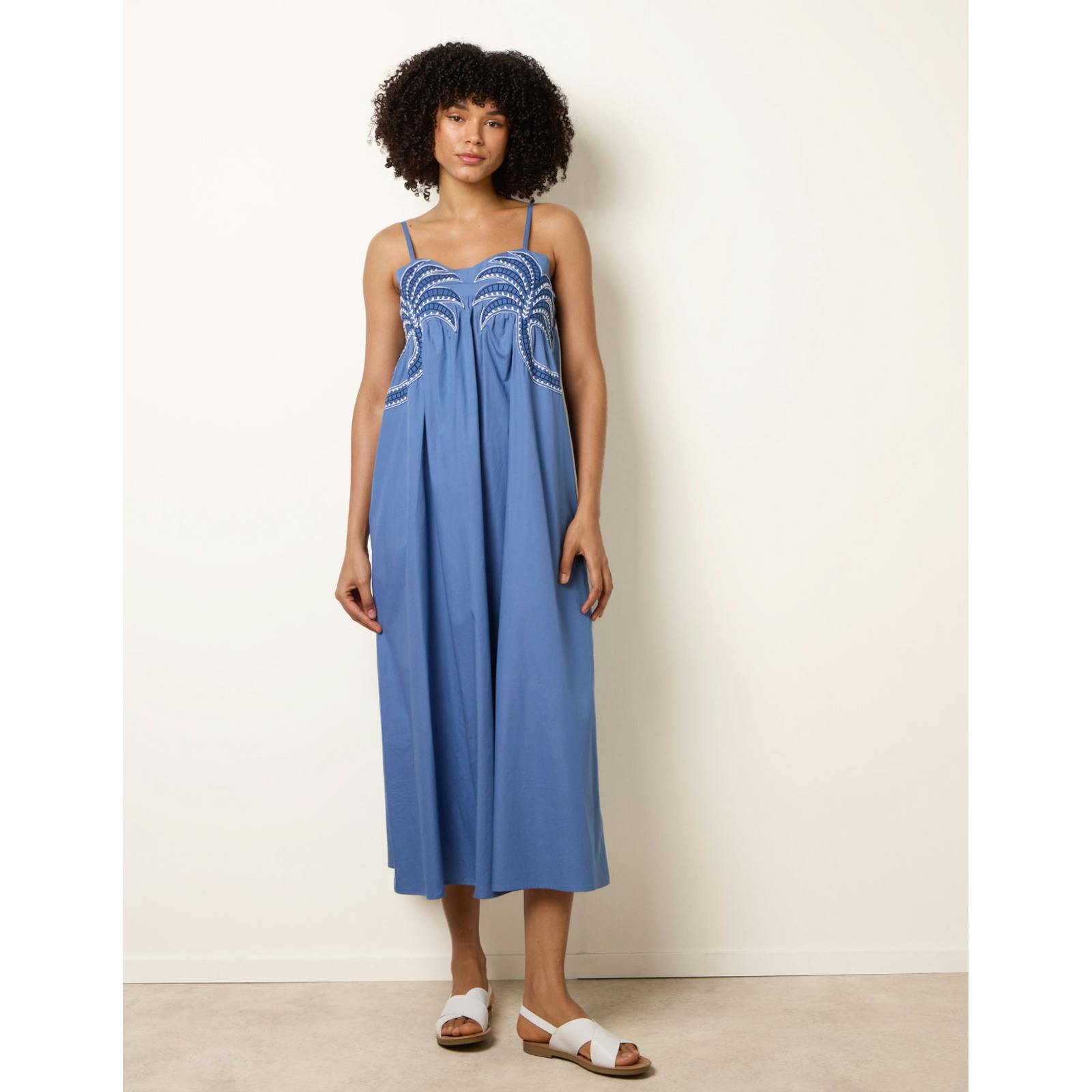 Blue Vanilla Palm Tree Embroidery Smock Dress - S