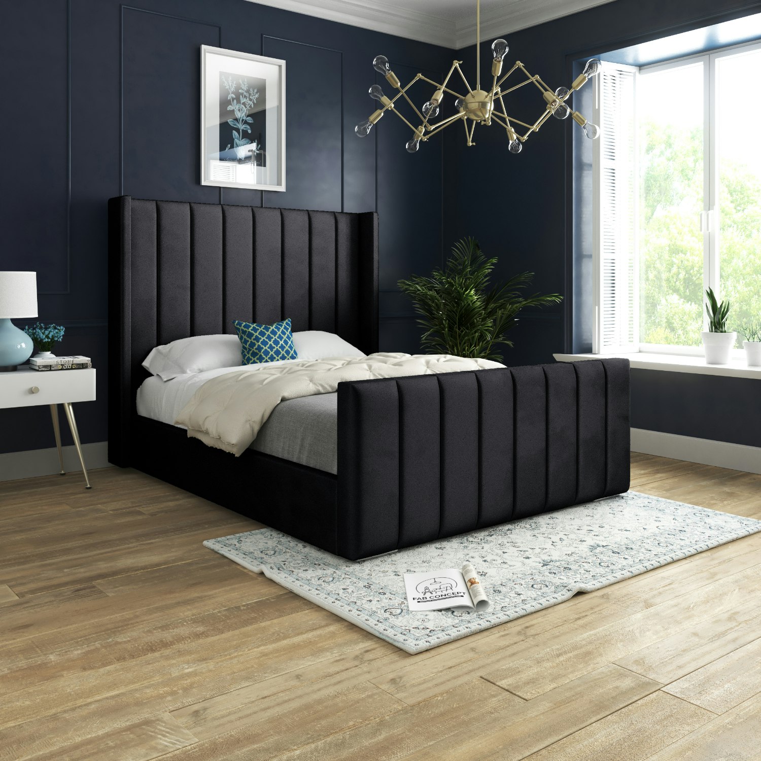Rackhams Black Romano Straight Winged Upholstered Soft Velvet Bed Frame - Single