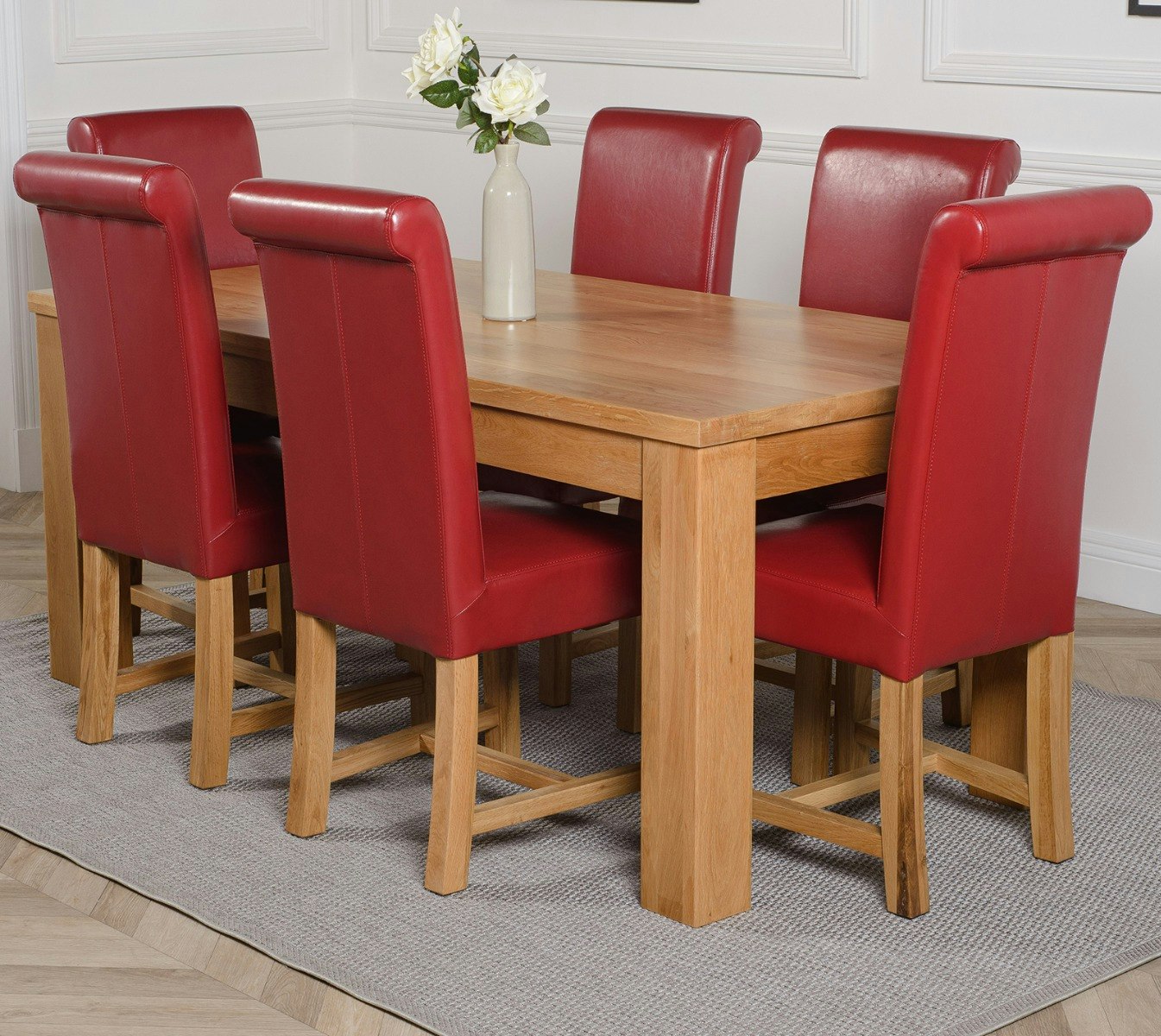 That's Furniture Burgundy Dakota Large Oak Dining Table With Washington Leather Chairs - 6 Chairs