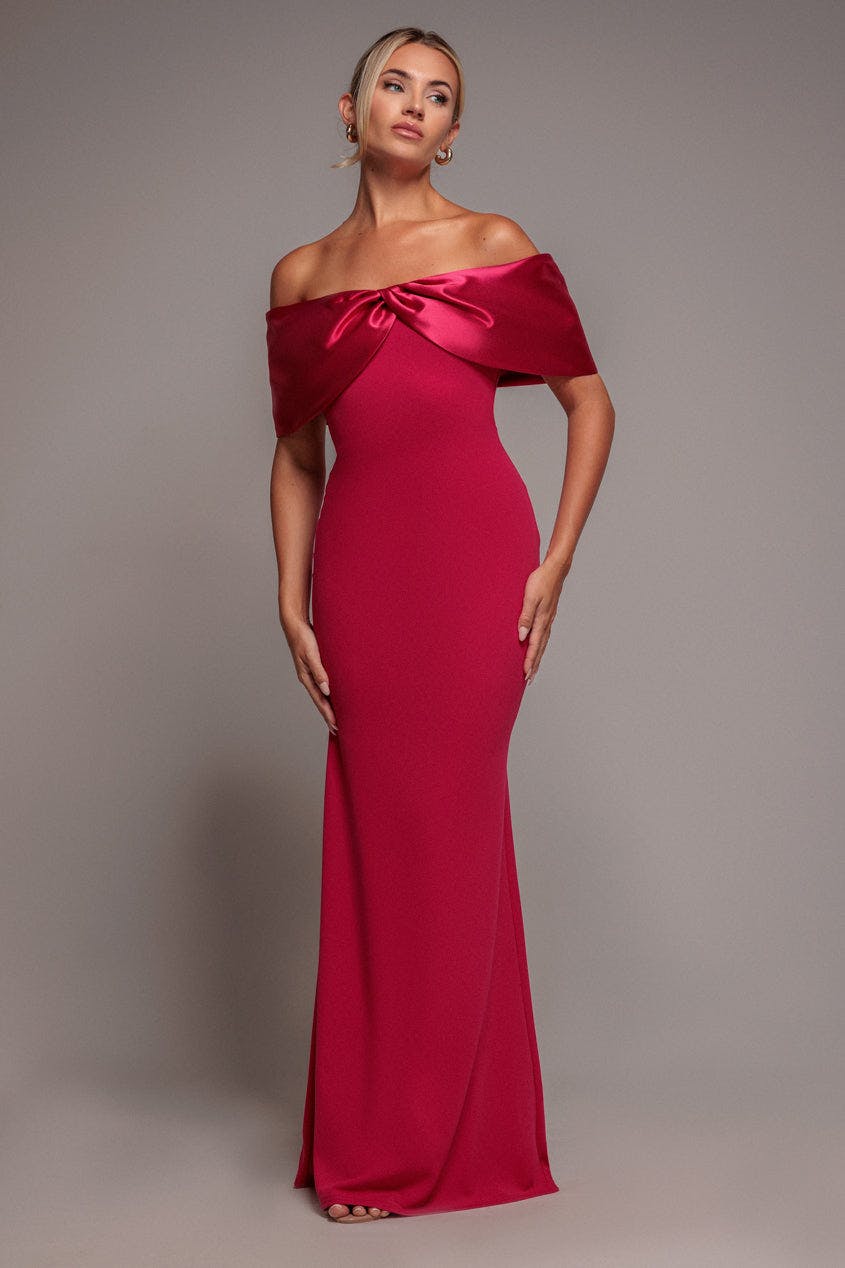 Goddiva Magenta Twist Knot Satin & Scuba Bardot Maxi Dress - By - 18