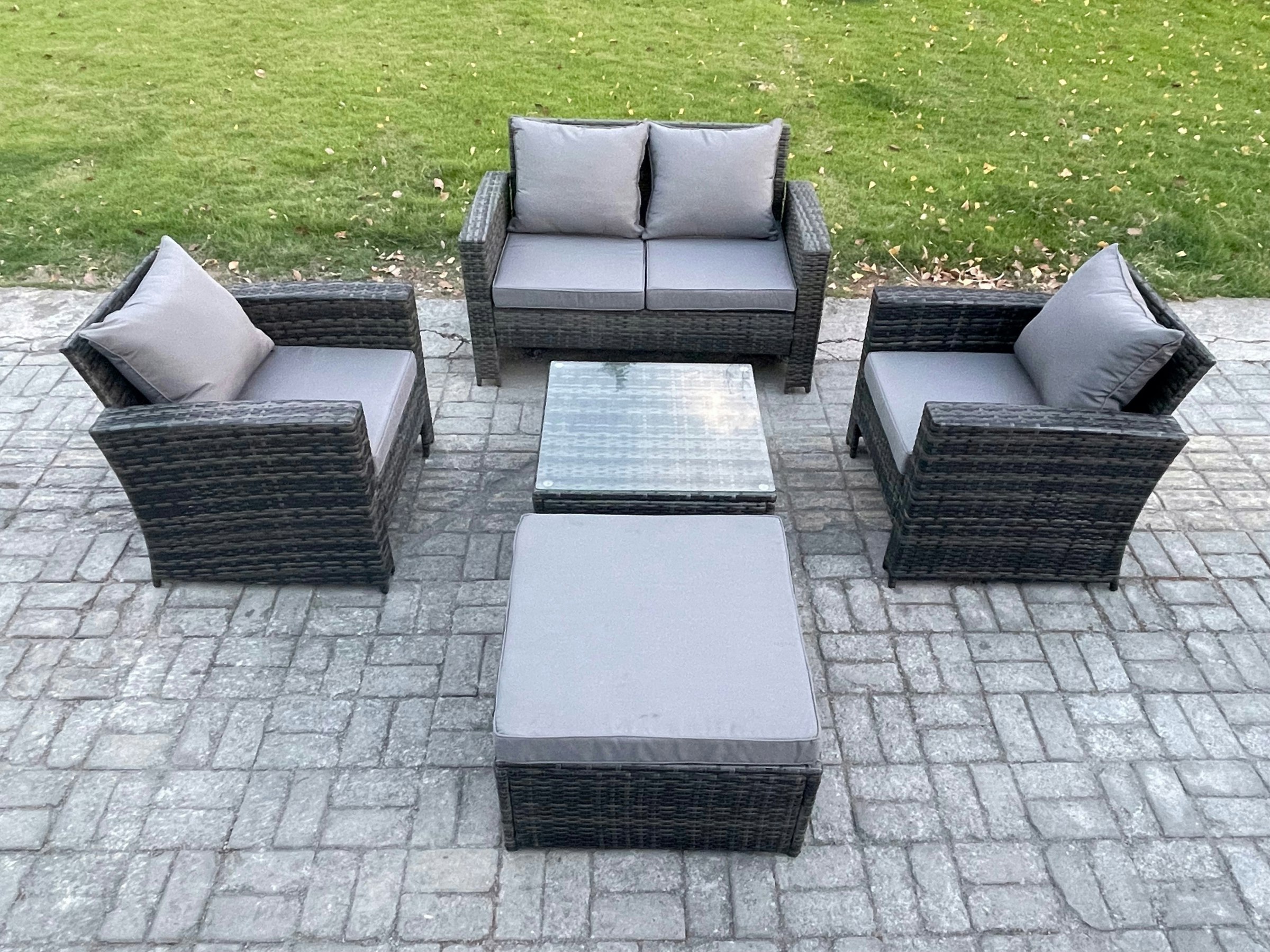 Rackhams Dark/Grey 5-Piece Outdoor Lounge Sofa Set - Mixed Pe Wicker Rattan Garden Furniture With Armchair & Square Coffee Table