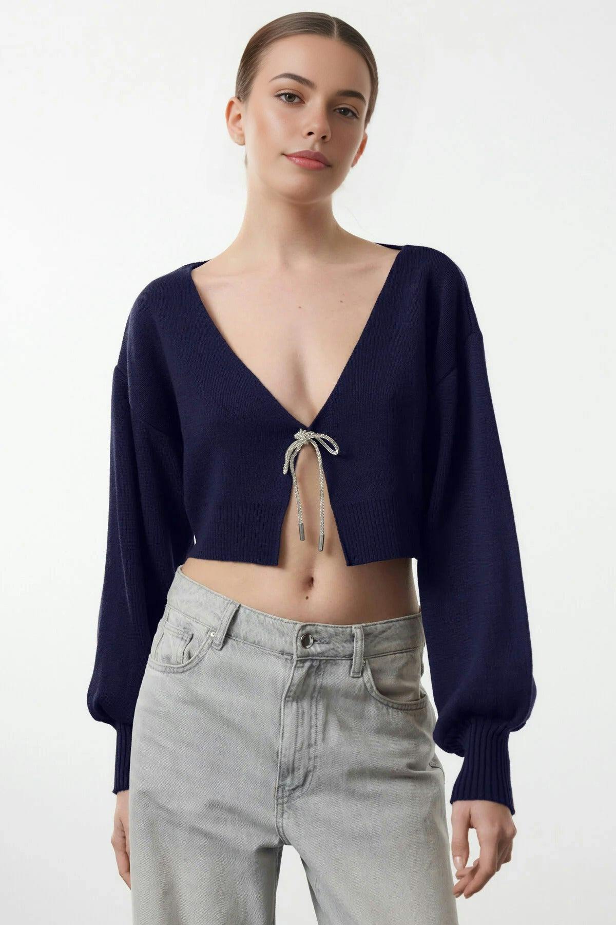 Wovcor Super Crop Knit Cardigan With Bow Detail - Navy - M