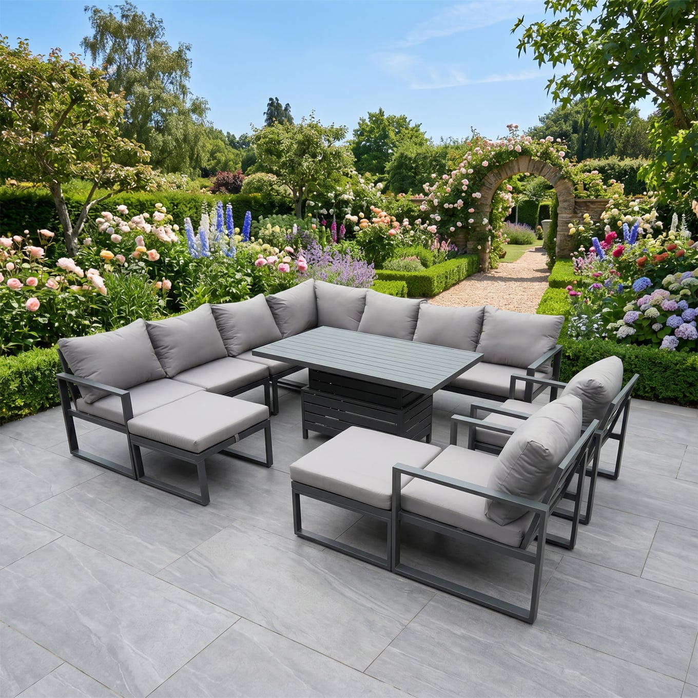 Rackhams Dark/Grey 11 Seater Aluminium Corner Sofa Set With Rising Dining Table, 2 Footstools, 2 Chairs