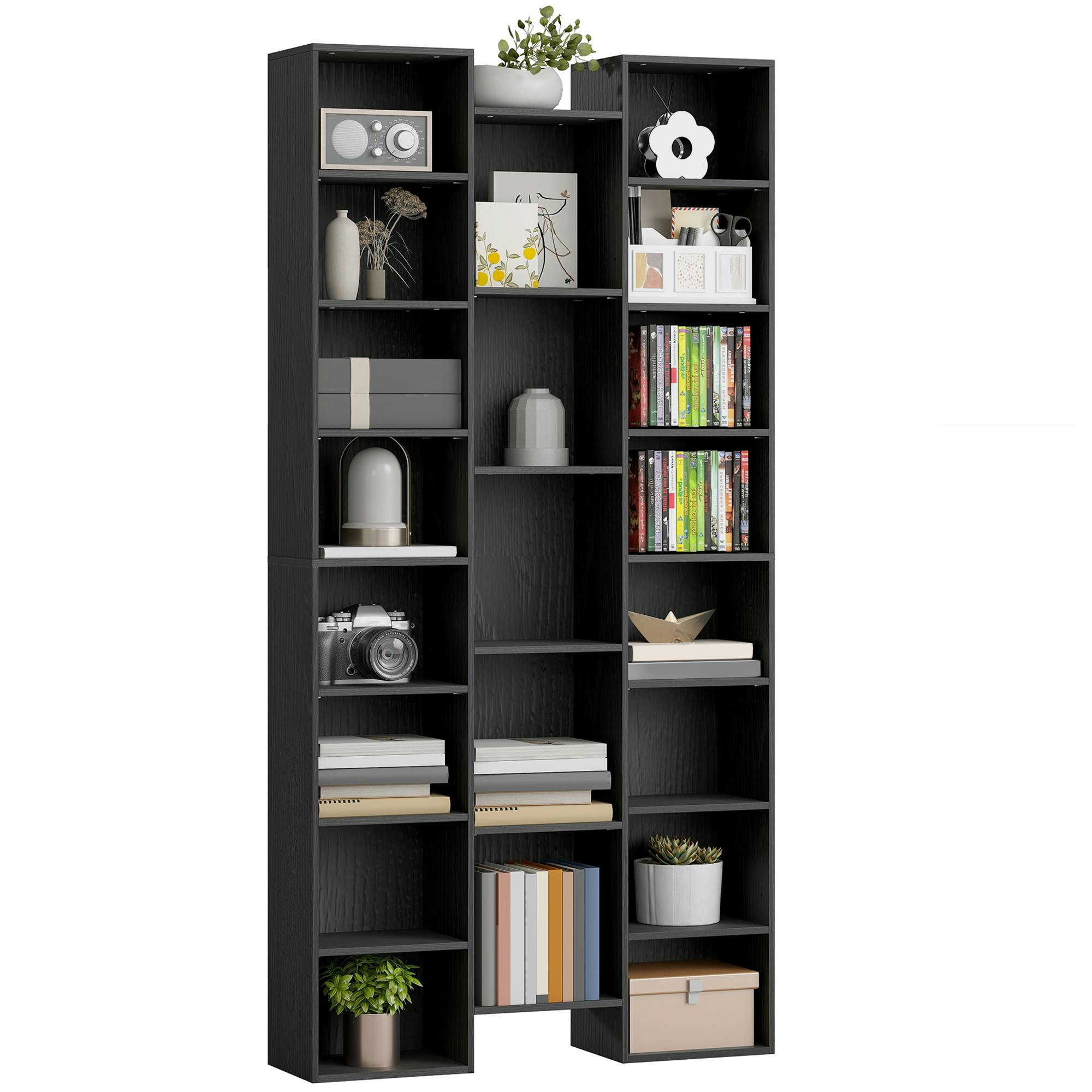 Homcom Black Tall Bookshelf With 21 Compartments And 10 Adjustable Shelves,