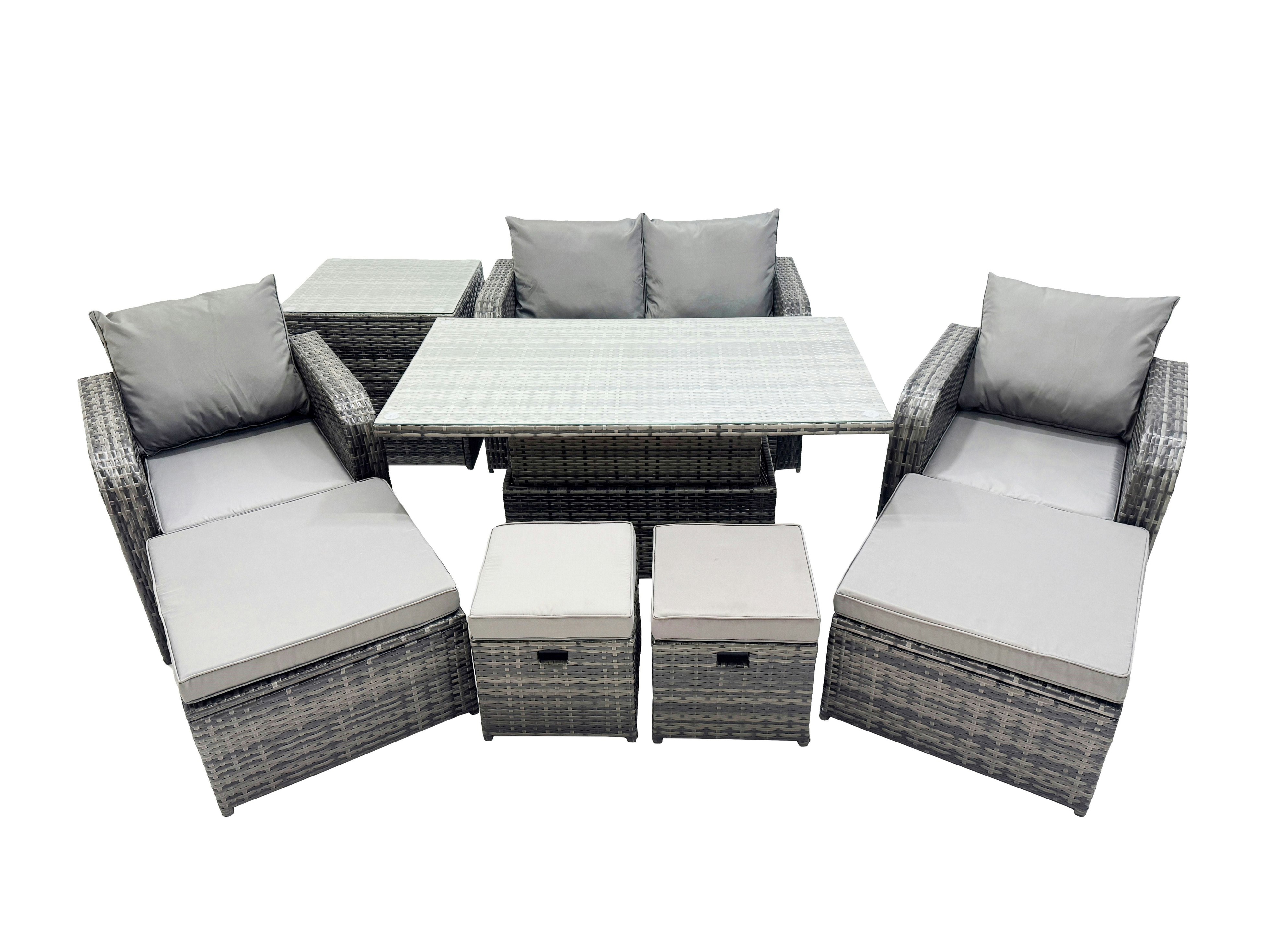 Fimous Dark/Grey 8 Seater Patio Height Adjustable Rising Table Sofa Set Rattan Garden Furniture Dining Set With 2 Big Footstool Side Table Mixed