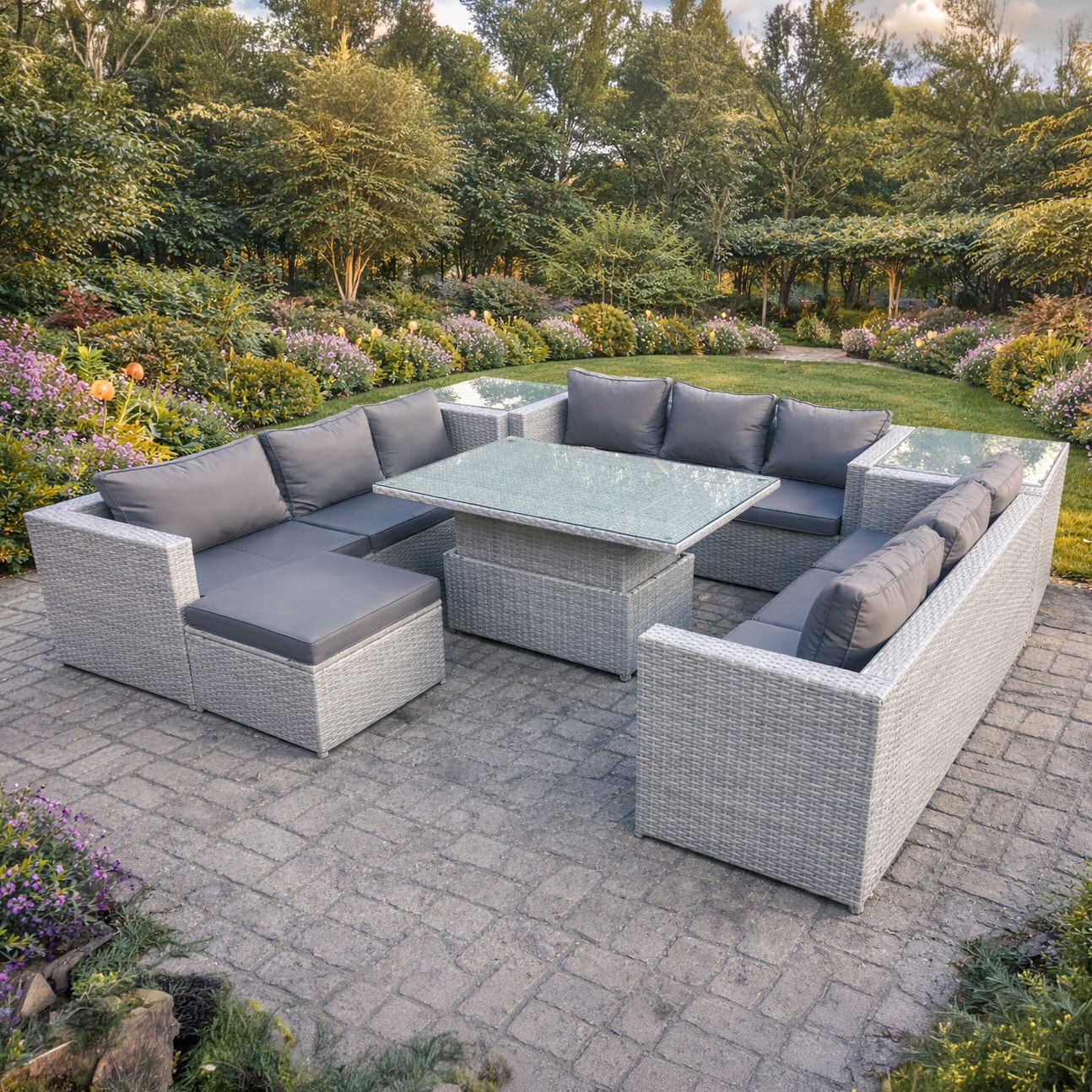 Fimous Light/Grey 10 Seater Rattan Garden Furniture Set With Rising Table, 3 Sofas, 2 Side Tables & Footstool