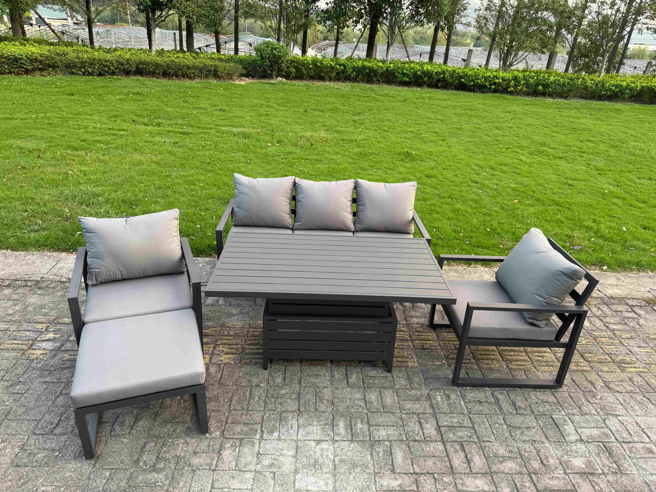 Rackhams Dark/Grey 6 Seater Aluminium Garden Furniture Set With Adjustable Rising Dining Table, 2 Chairs, Footstool