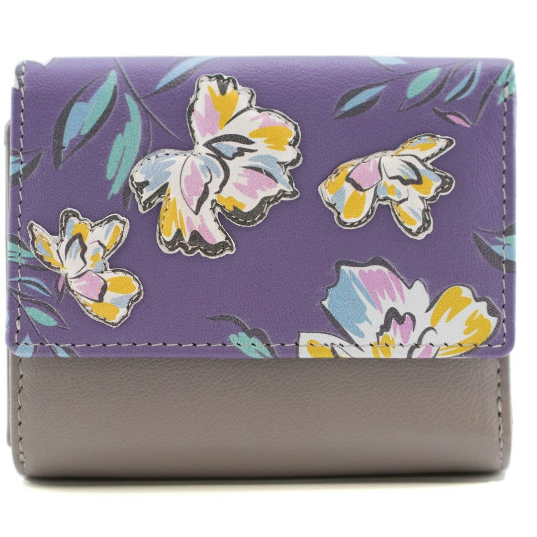 Mala Leather Purple Zinnia Flower Floral Leather Trifold Purse