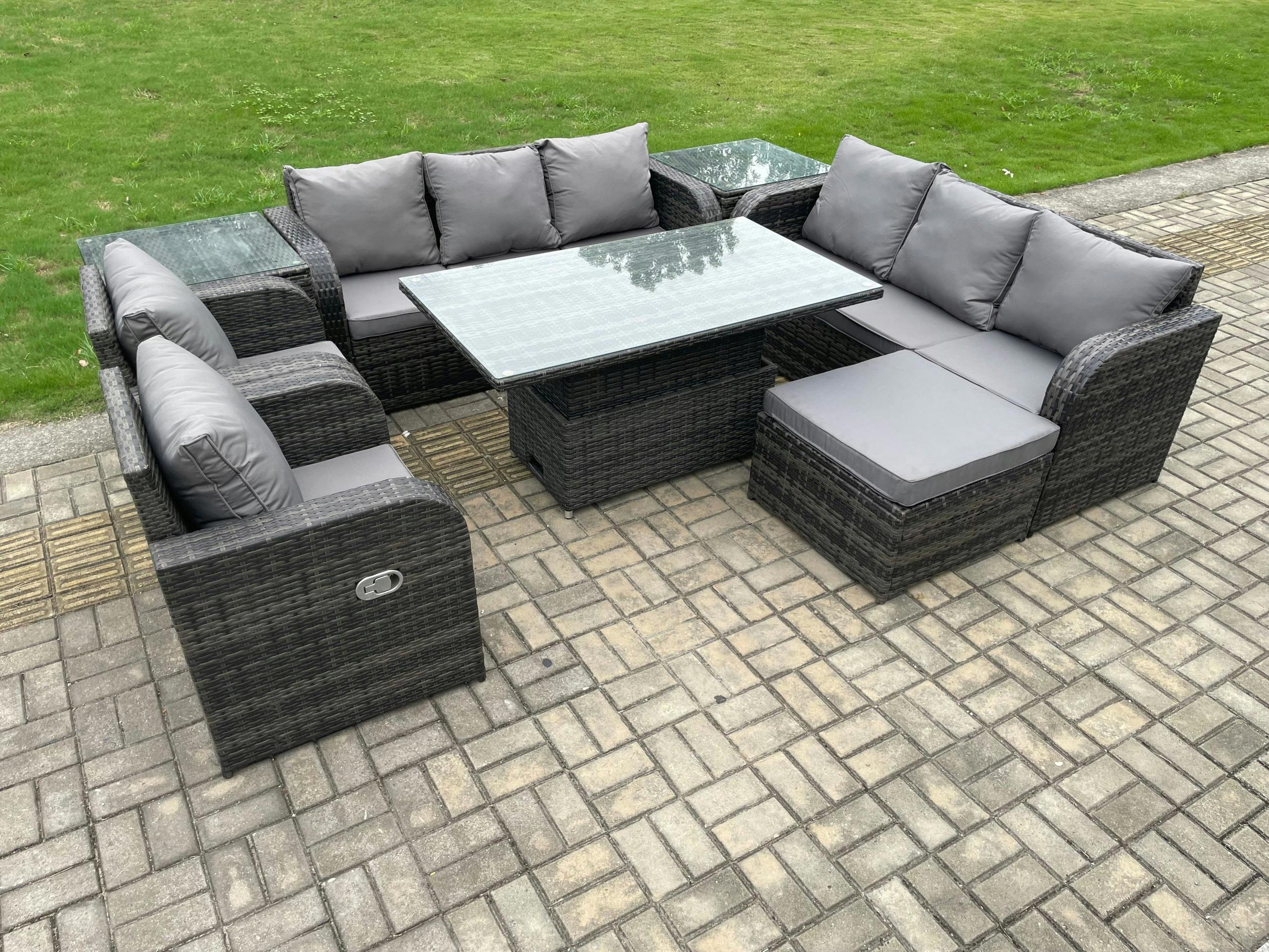 Fimous Dark/Grey 8 Seater Rattan Garden Furniture Set With Adjustable Dining Table, 2 Sofas, 2 Reclining Chairs, 2 Side Tables, 1 Footstool - Mixed