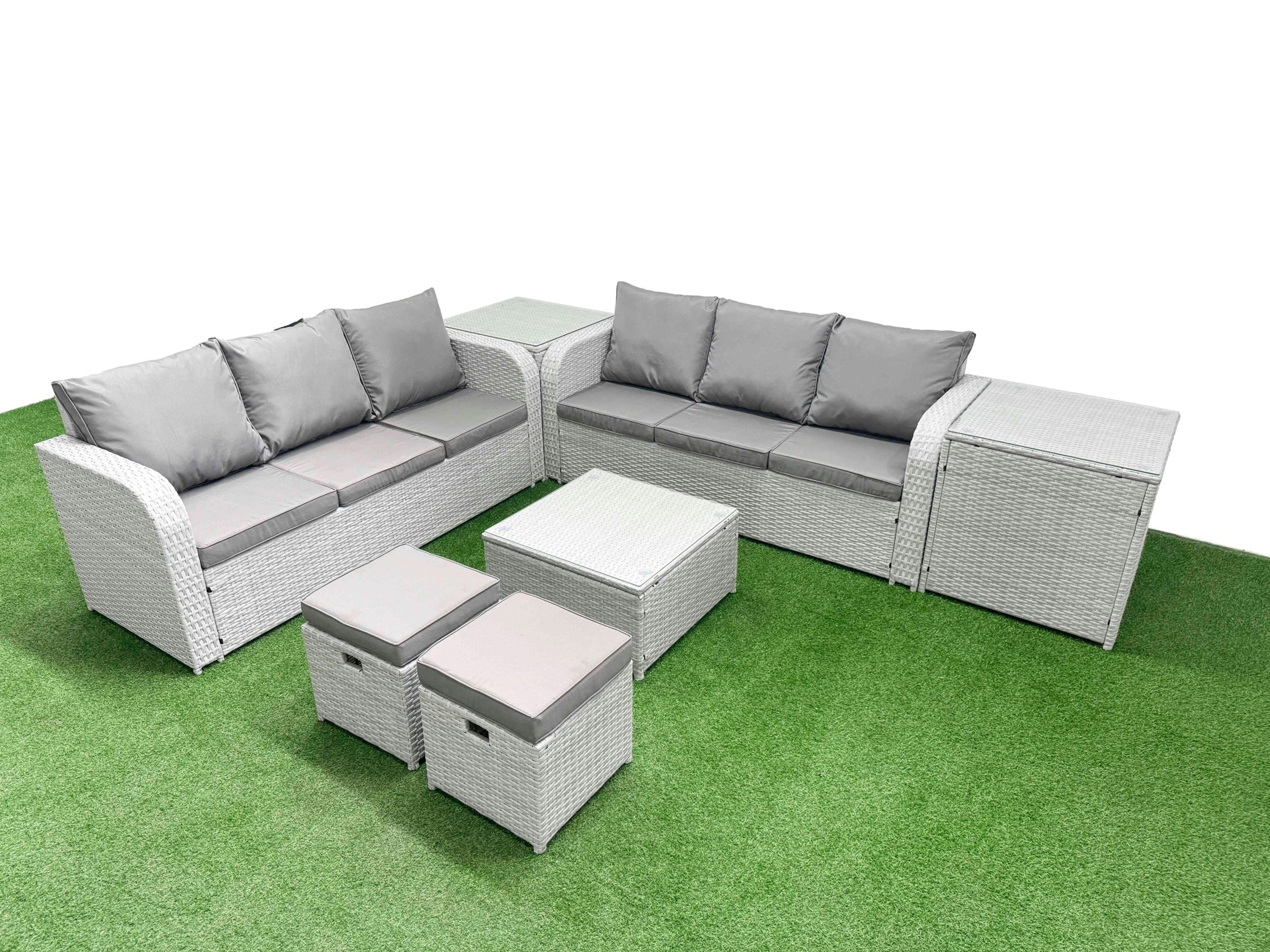 Rackhams Light/Grey Outdoor Garden Furniture Sets 8 Seater Rattan Furniture Sofa Sets With Square Coffee Table High Back Lounge Sofa Stools 2 Side Table