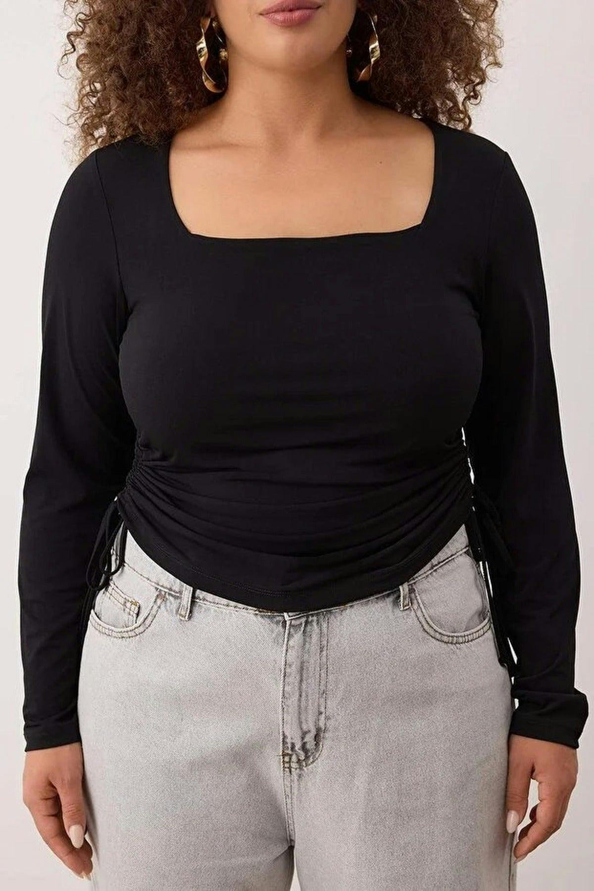 Wovcor Black Square Neck Plus Size Knitted Blouse With Gathered Sides - 3XL