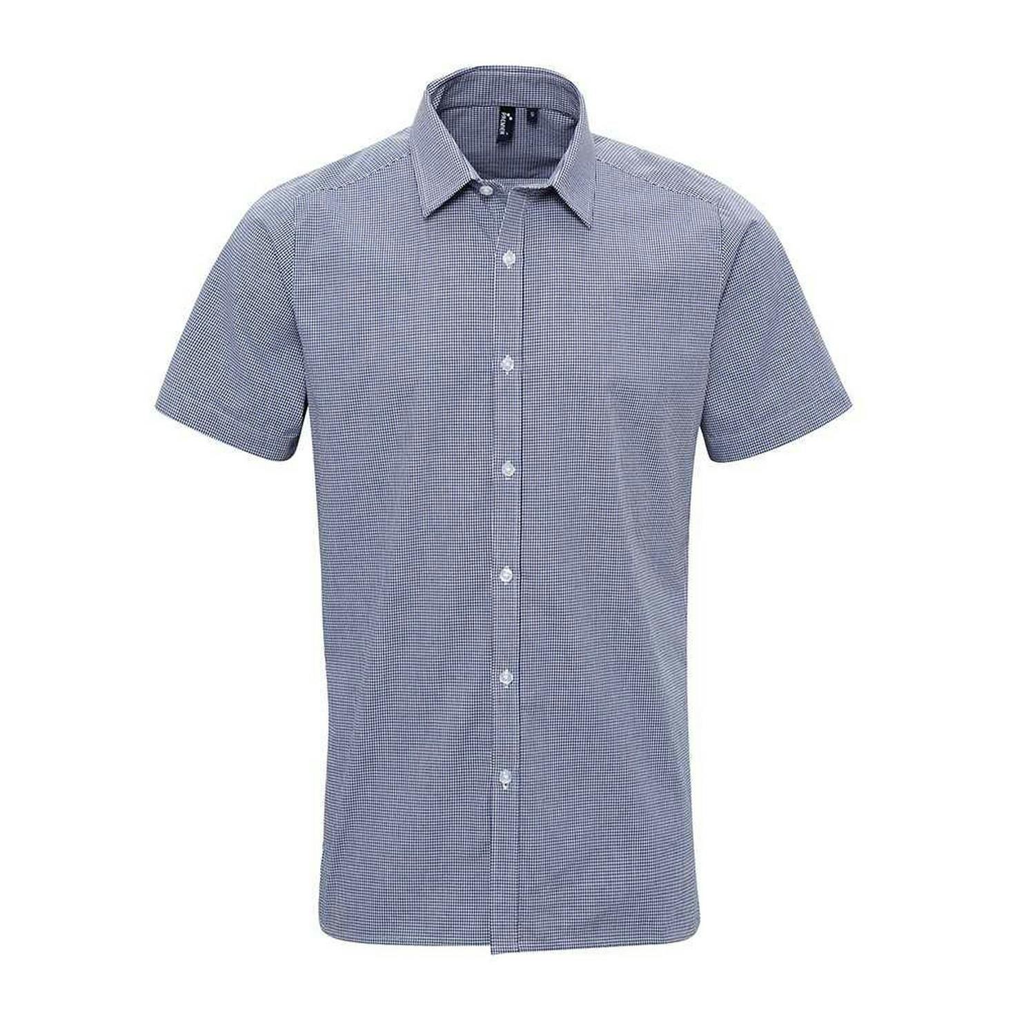 Premier (M, Navy/White) Mens Gingham Cotton Short-Sleeved Shirt - Image 3