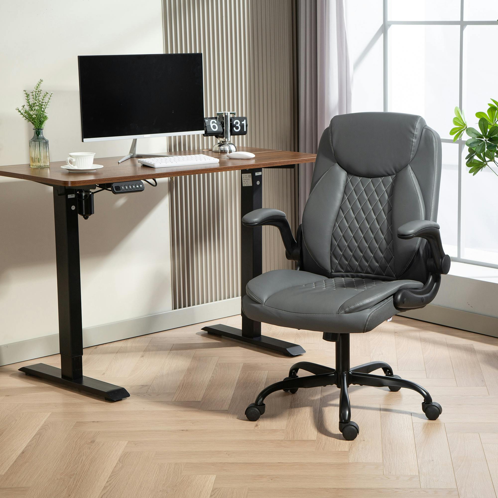 Rackhams Black/Grey Pu Leather Office Desk Chair With Thick Cushion, - Charcoal
