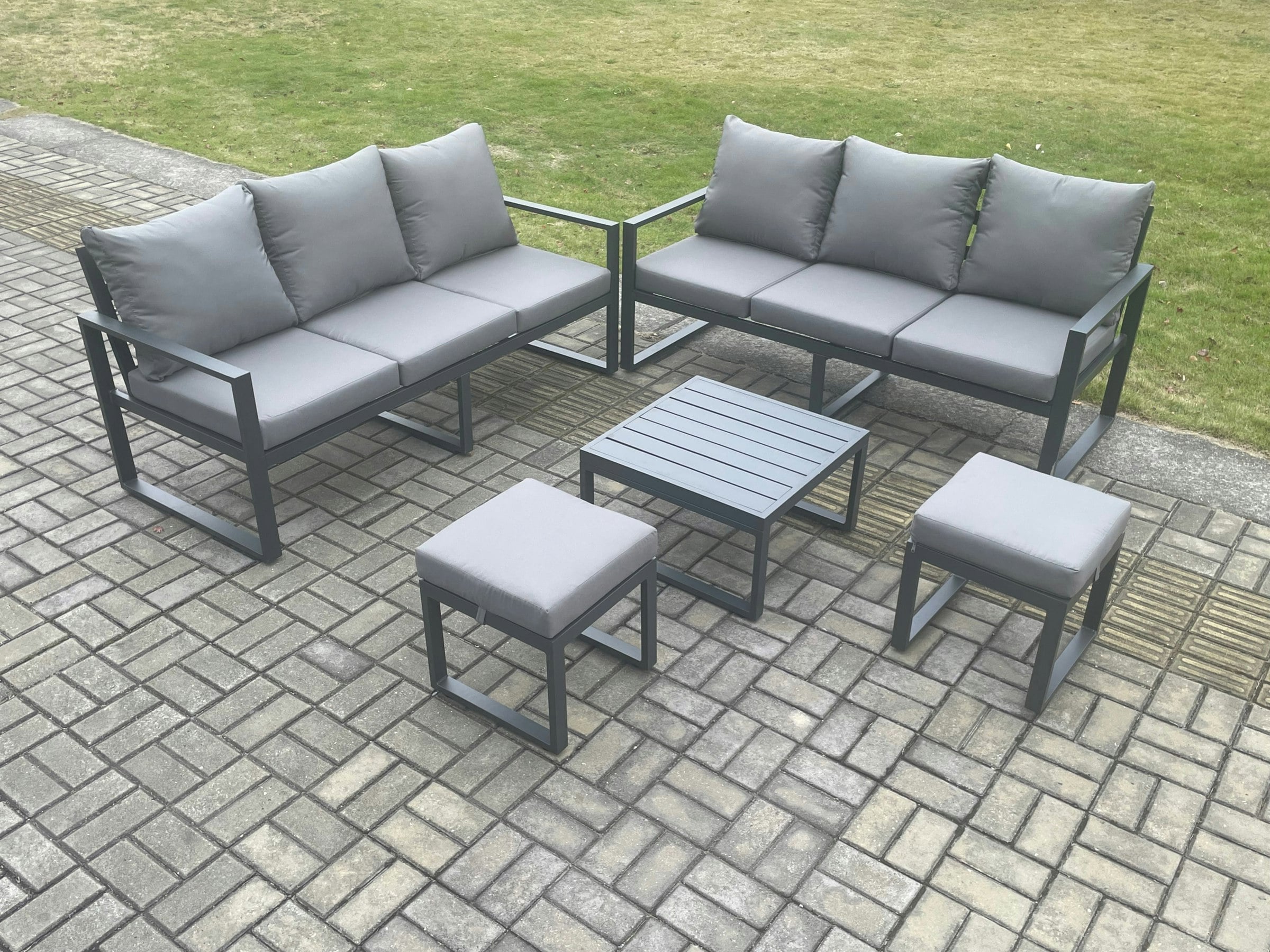Fimous Dark/Grey Aluminium 5 Pieces Garden Furniture Sofa Set With Cushions 8 Seater Outdoor Patio Set With Square Coffee Table 2 Small Footstools