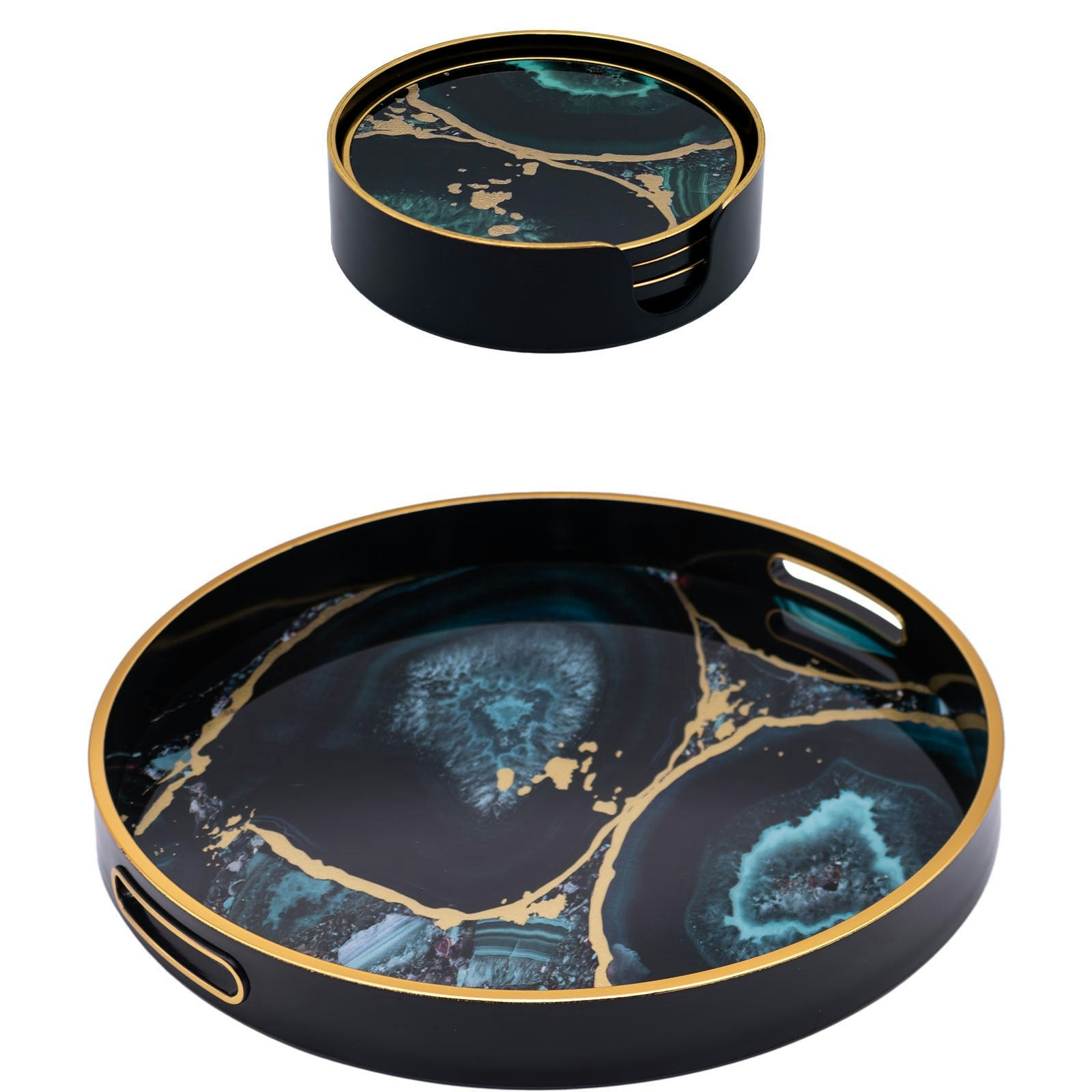 Maison Des Cadeaux Golden/Gold Round Agate Theme Tray And Drink Coasters Set