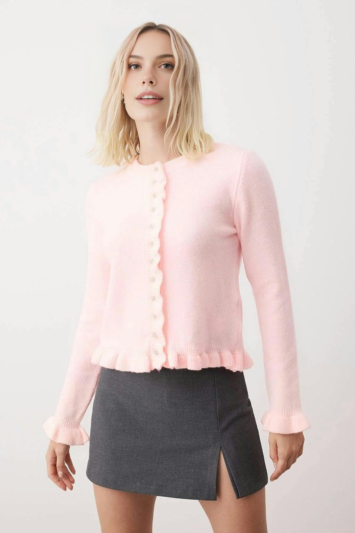 Wovcor Pink Soft Textured Knit Cardigan With Button Details - L