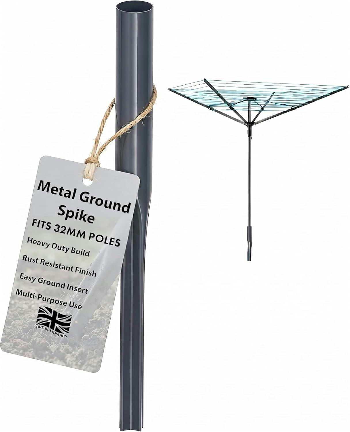 B&Q - Rotary Washing Line Spike 32mm Heavy Duty Metal Ground Spike For Rotary Airer Rust Resistant Washing Line Holder - Image 2