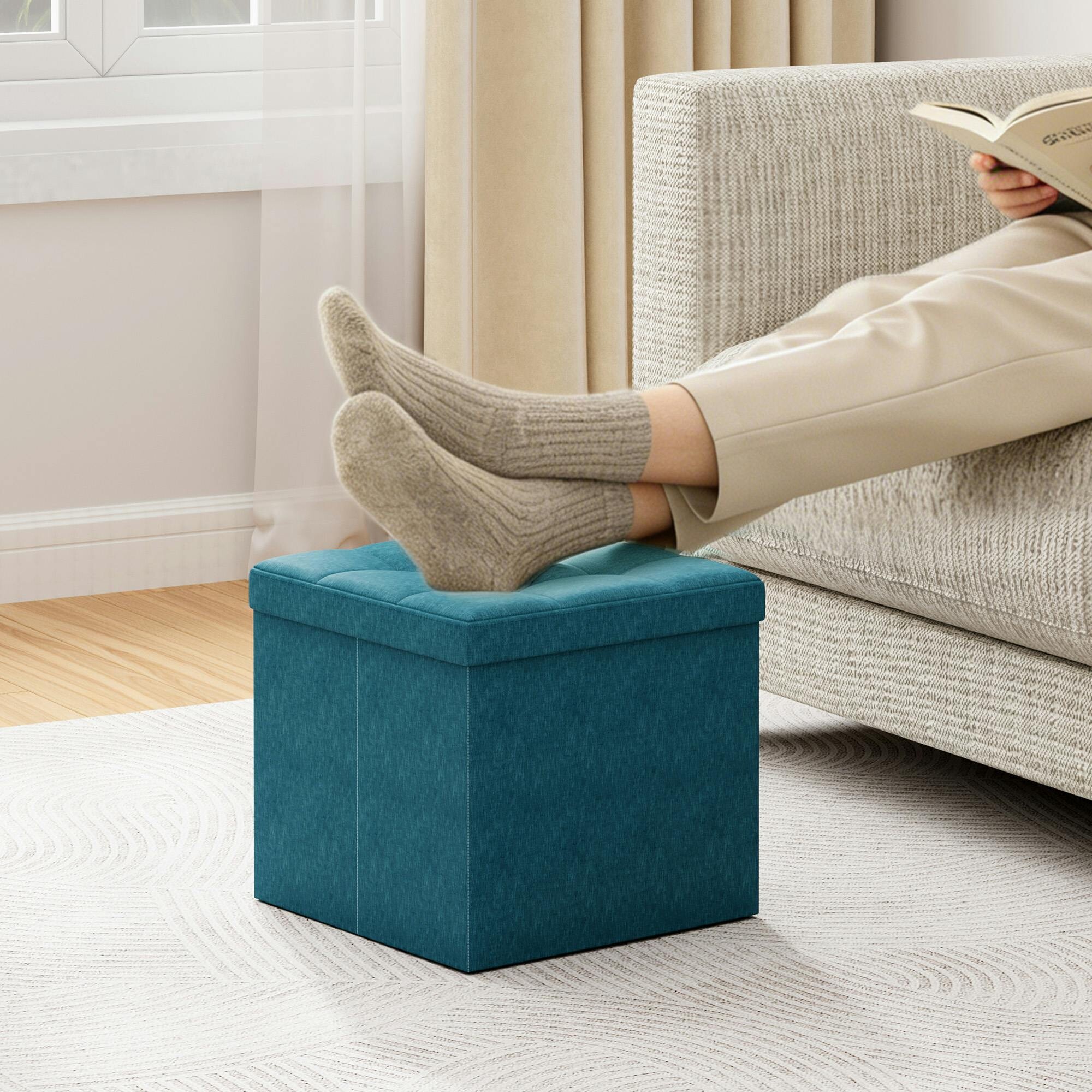 Mcc Direct Unisex Teal 38Cm Square Ottoman Foldable Storage Upholstered Foot Rest In - Image 4