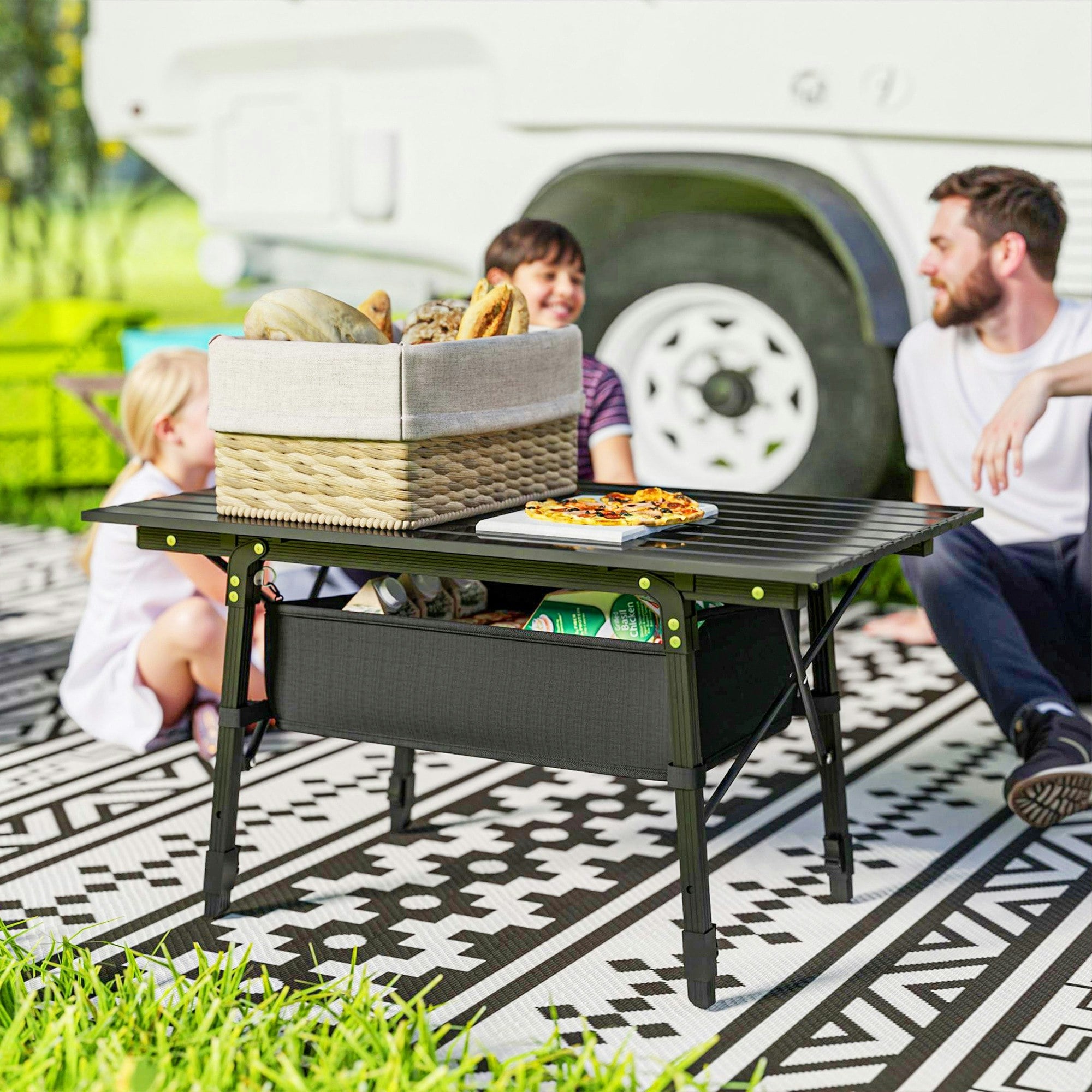 Outsunny Black Folding Camping Table W/ Adjustable Height, Storage Basket, - 90L X 55W X 66H Cm