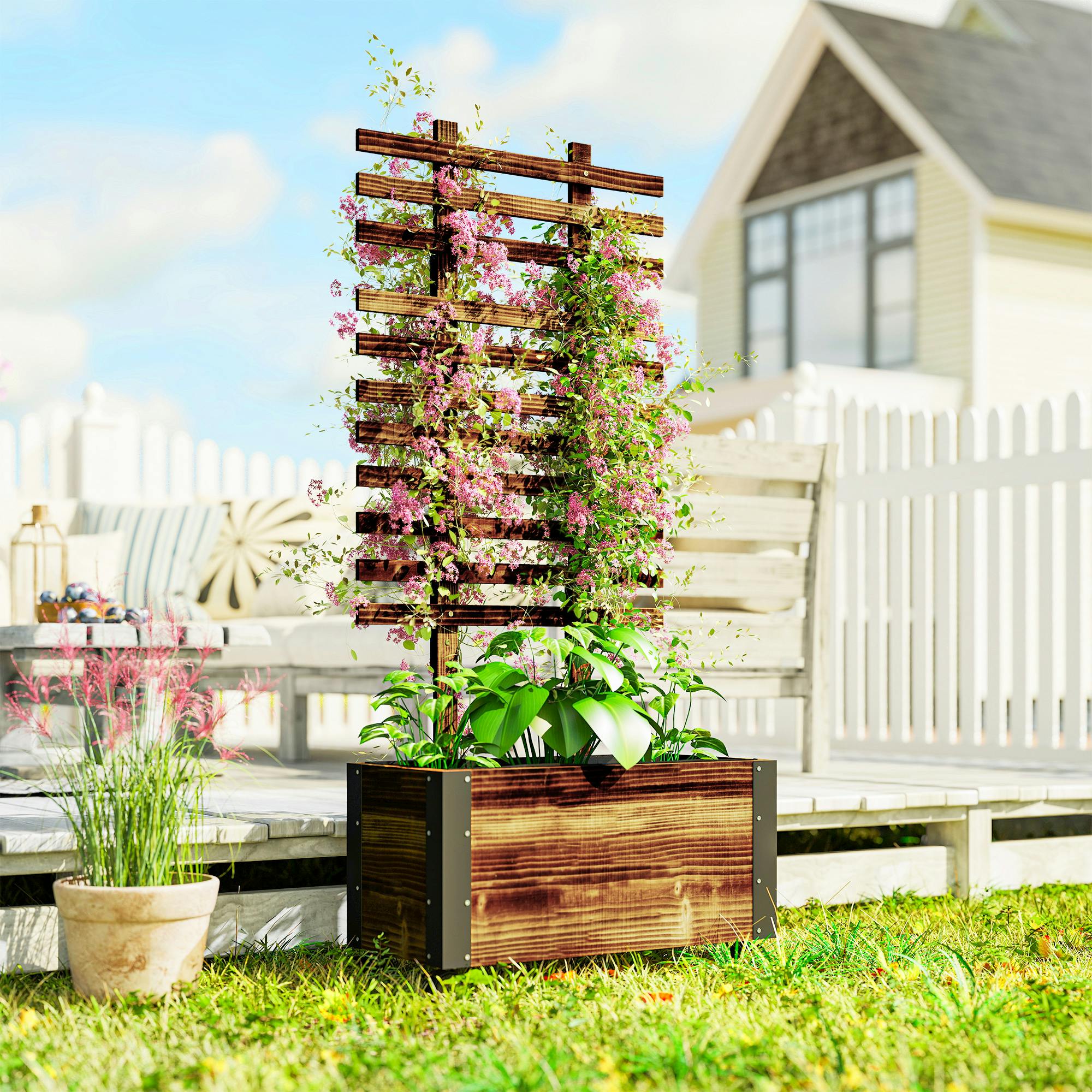 Rackhams Raised Garden Bed, Wooden Planter With Trellis And Wheels