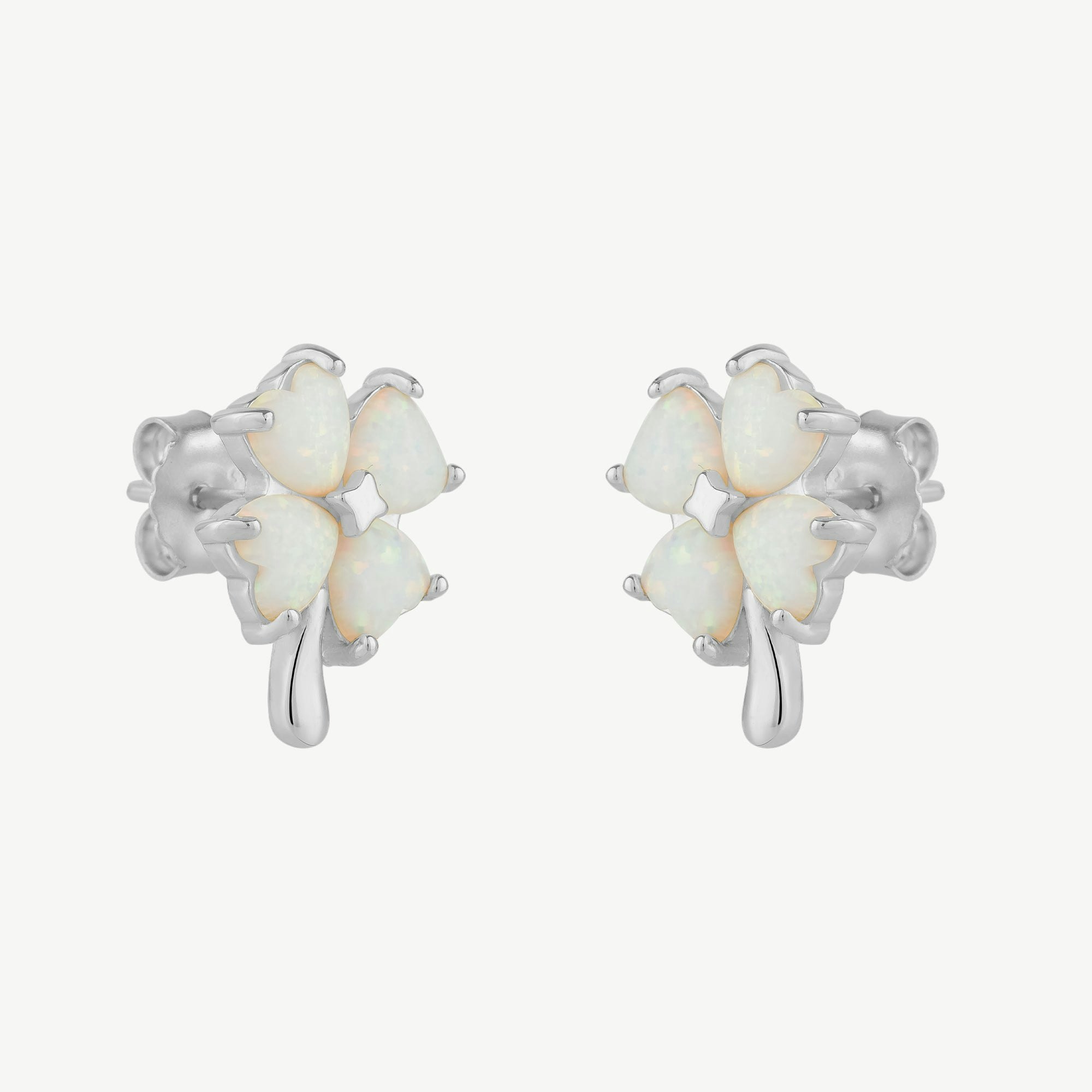 Spero London White/Silver Opal Four Leaves Clover Sterling Stud Earring