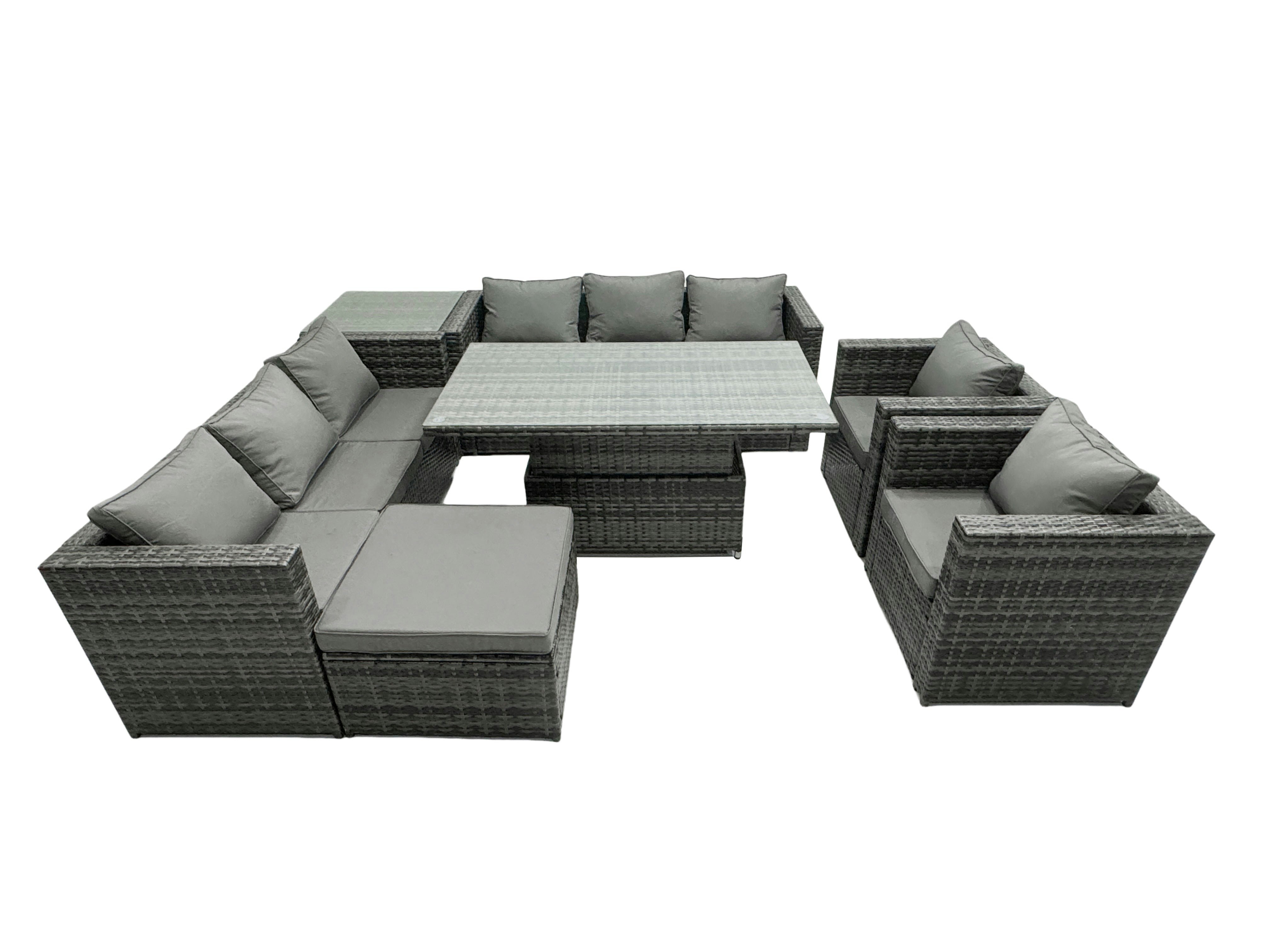 Rackhams Dark/Grey 9 Seater?Outdoor Rattan Garden Furniture Adjustable Rising Lifting Table With Side Table Chairs Footstool Mixed