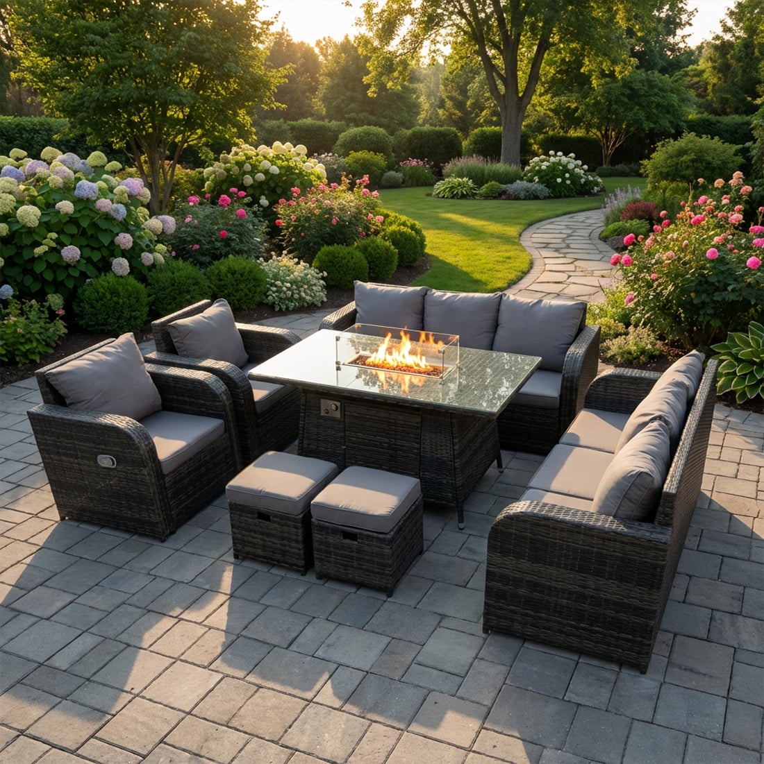 Rackhams Dark/Grey 10 Seater Rattan Outdoor Garden Furniture Set With Gas Fire Pit Dining Table, 2 Reclining Chairs, 2 Sofas, 2 Footstools