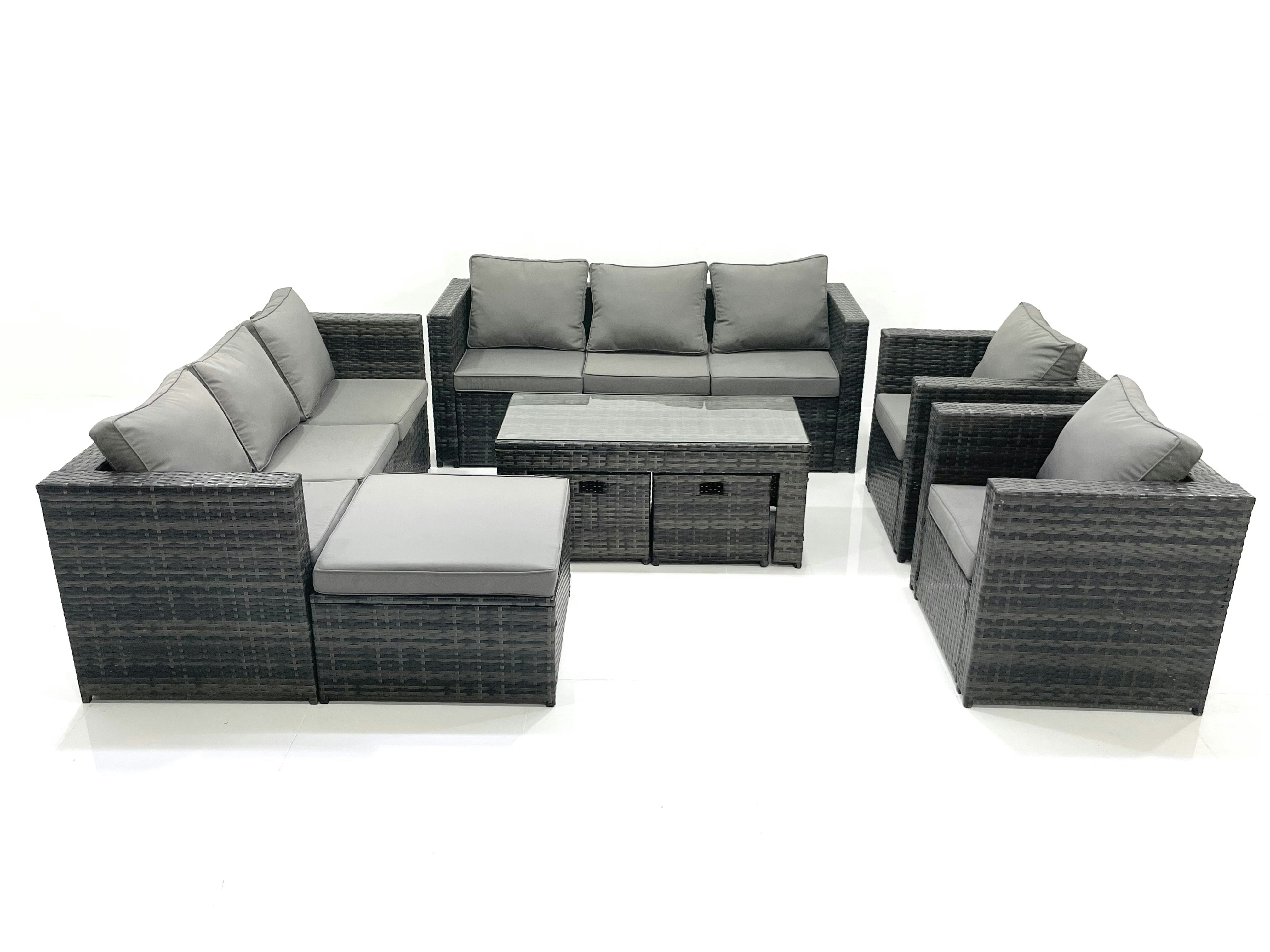 Rackhams Dark/Grey Rattan Garden Furniture Sofa Set With Coffee Table Armchair 3 Footstools Mixed