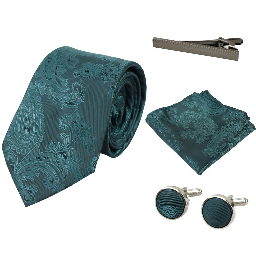 Paul Andrew Green Paisley Neck Tie Gift Set Pocket Square Cuff Links Floral Satin