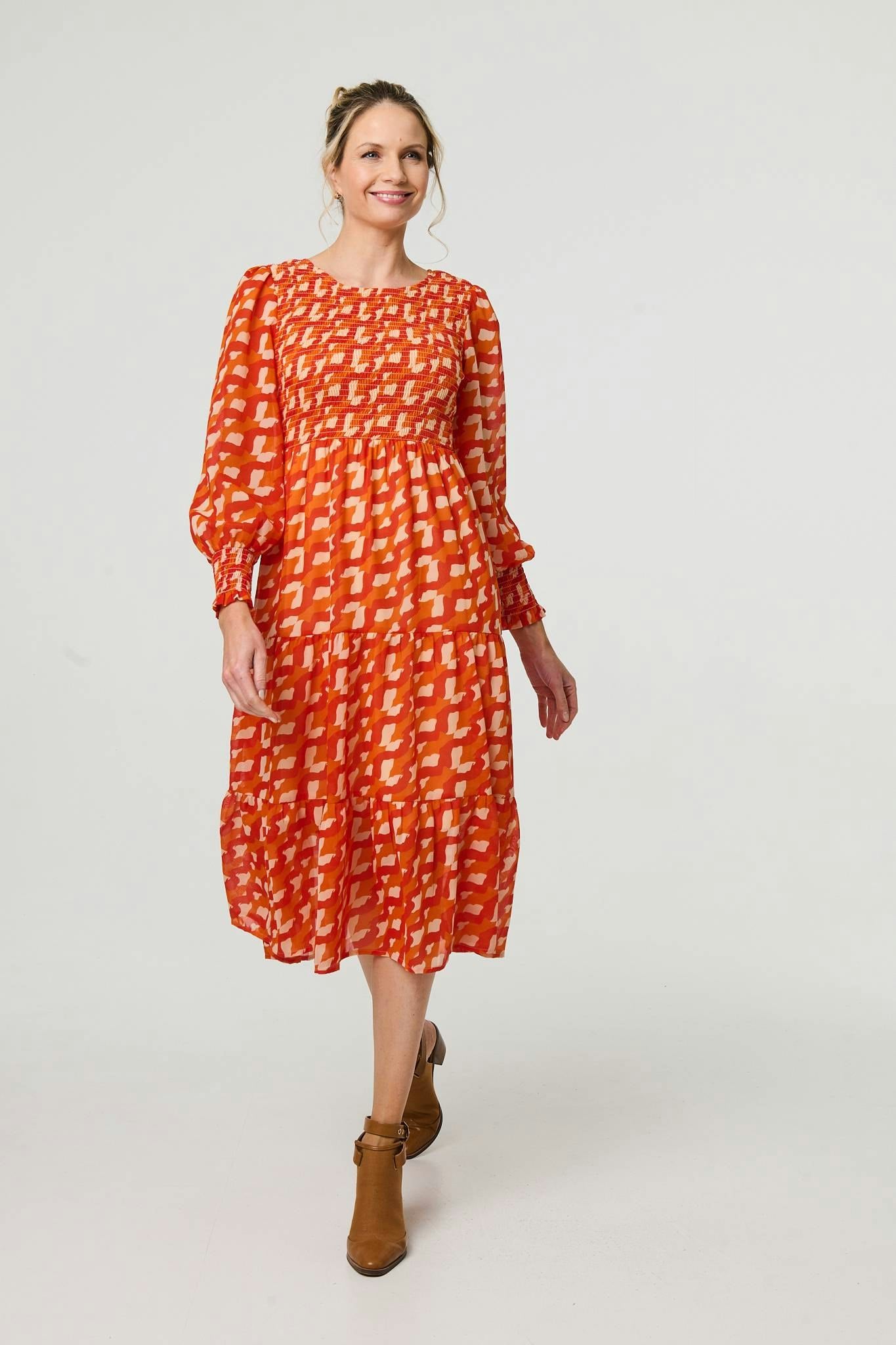 Izabel London Orange Printed Long Puff Sleeve Midi Smock Dress - S