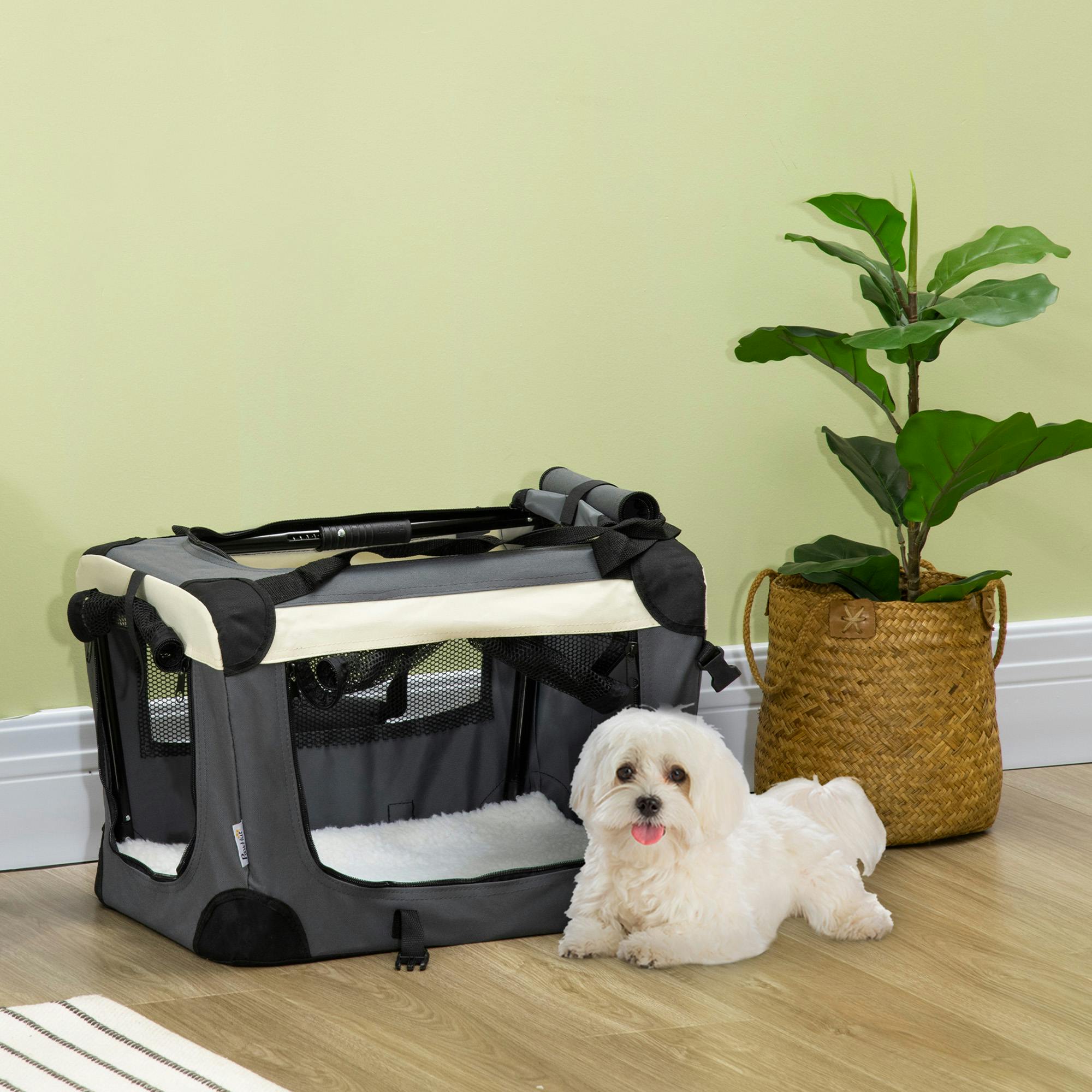 Pawhut Grey Foldable Pet Carrier Bag Soft Travel Dog Crate For Mini Dogs - 35H X 50.5L 33.5Wcm