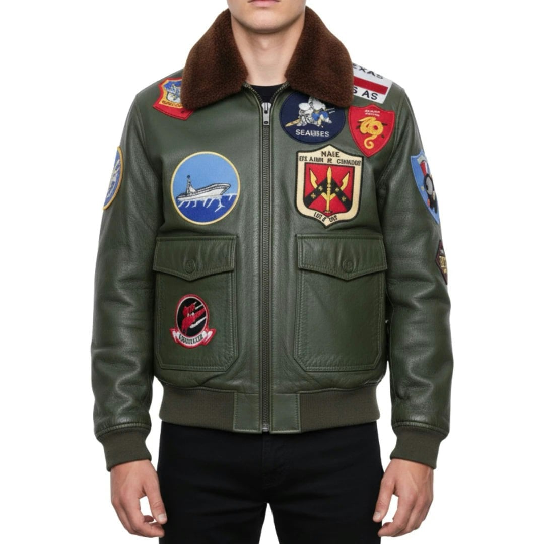 Infinity Leather Men's Green Leather Company Cowhide Top Gun Maverick Leather Aviator Bomber Jacket - 2XL
