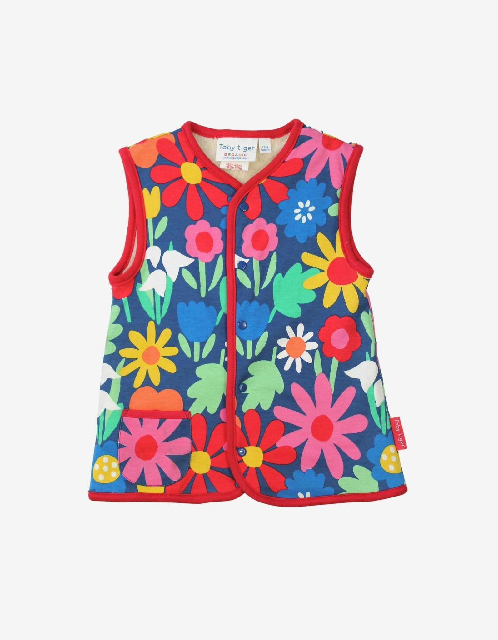 Toby Tiger Red/Dark/Blue Organic Bold Floral Reversible Gilet - 7-8Y / 128Cm