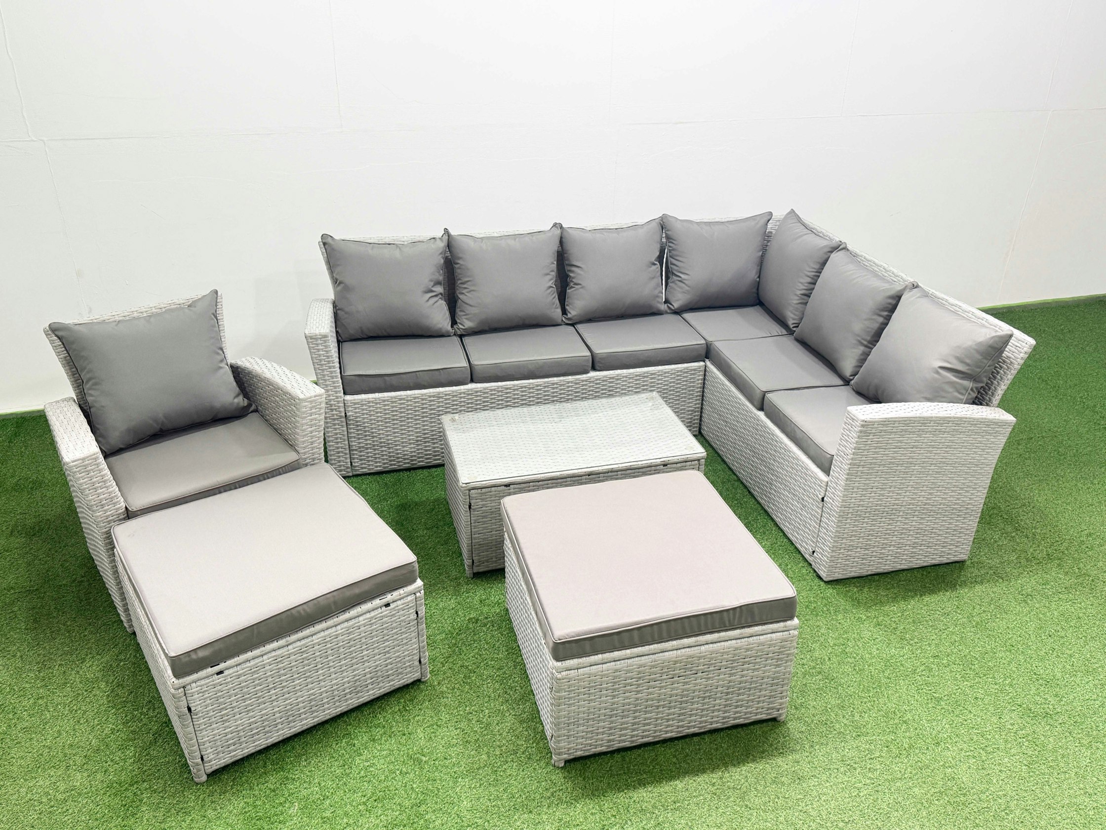 Fimous Light/Grey Garden Outdoor Pe Rattan Furniture Set 9 Seater Rattan Garden Sofa Set With 2 Big Footstools Mixed