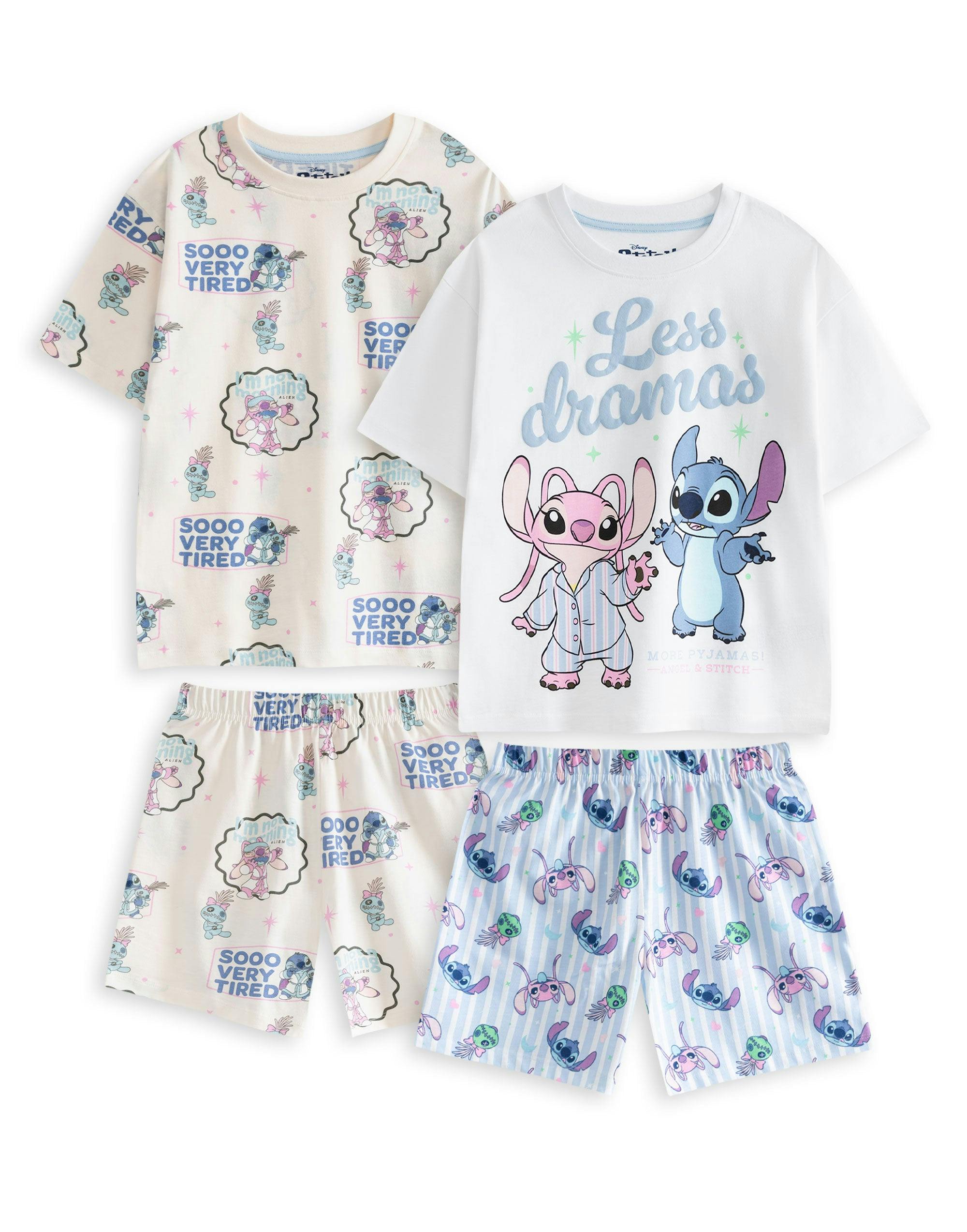 Vanilla Underground Girls Light Disney Lilo & Stitch Multicoloured Less Dramas Multi-Pack Of 2 Short Sleeve Short Leg Pyjama Set - 11-12 Years