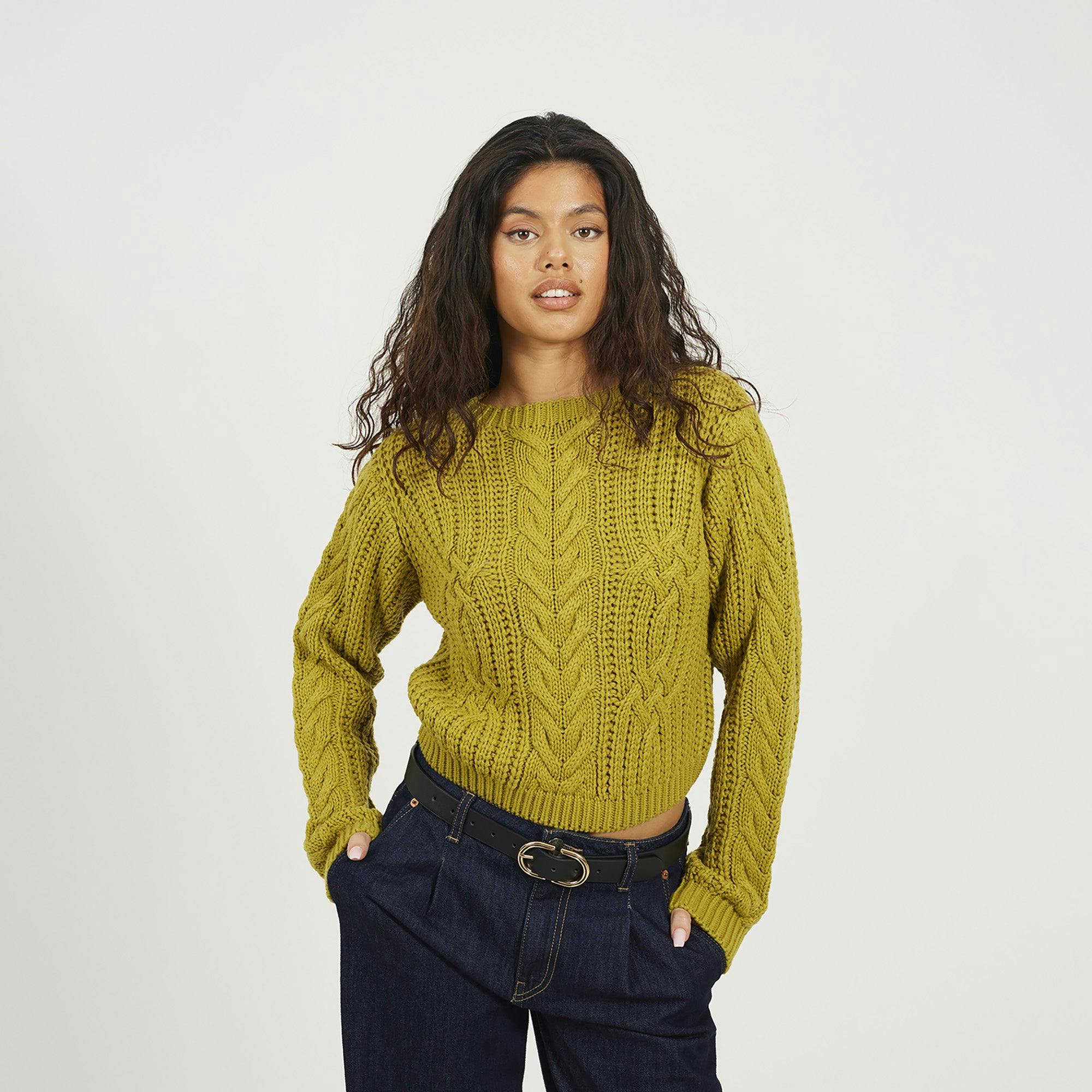 Brave Soul Women's Green Crew Neck Cable Knit Jumper - Xs