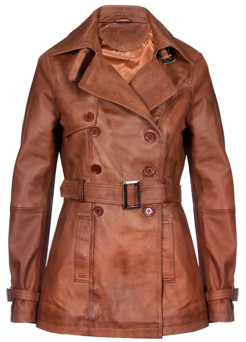 Infinity Leather Women's Mid Length Leather Trench Coat -Oakham - Tan - Uk Xs/8 | Eu 34 | Us 4
