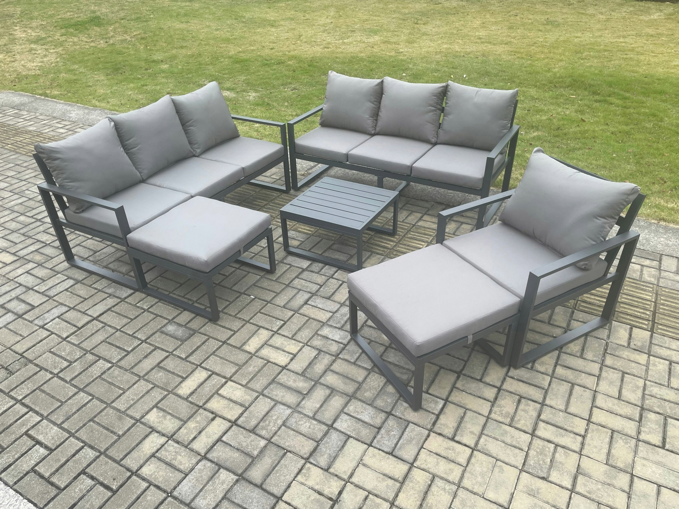 Fimous Dark/Grey Aluminium Outdoor Lounge Sofa Set Garden Furniture Sets With Square Coffee Table Chair 2 Big Footstools