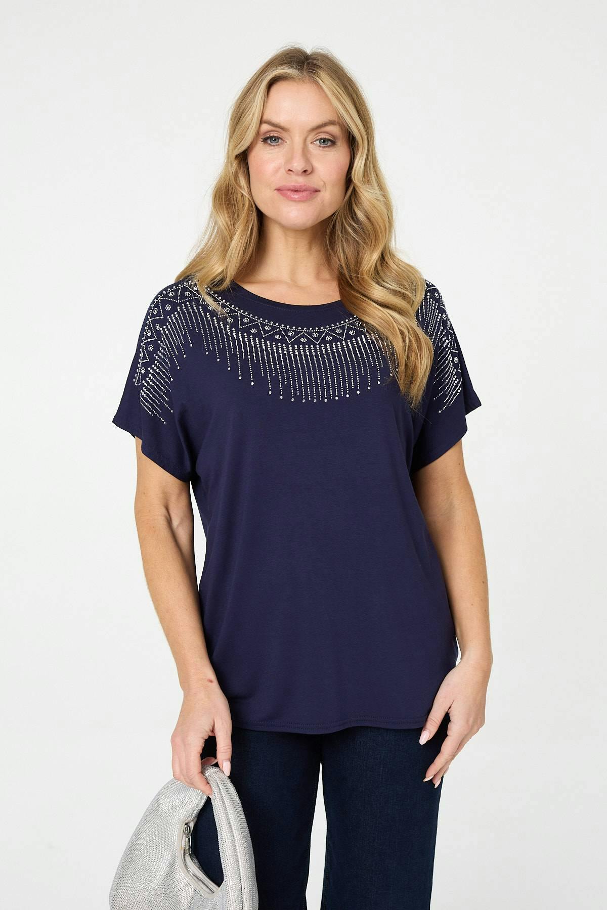 Izabel London Diamante Detail Relaxed Short Sleeve Top - 8 - Navy