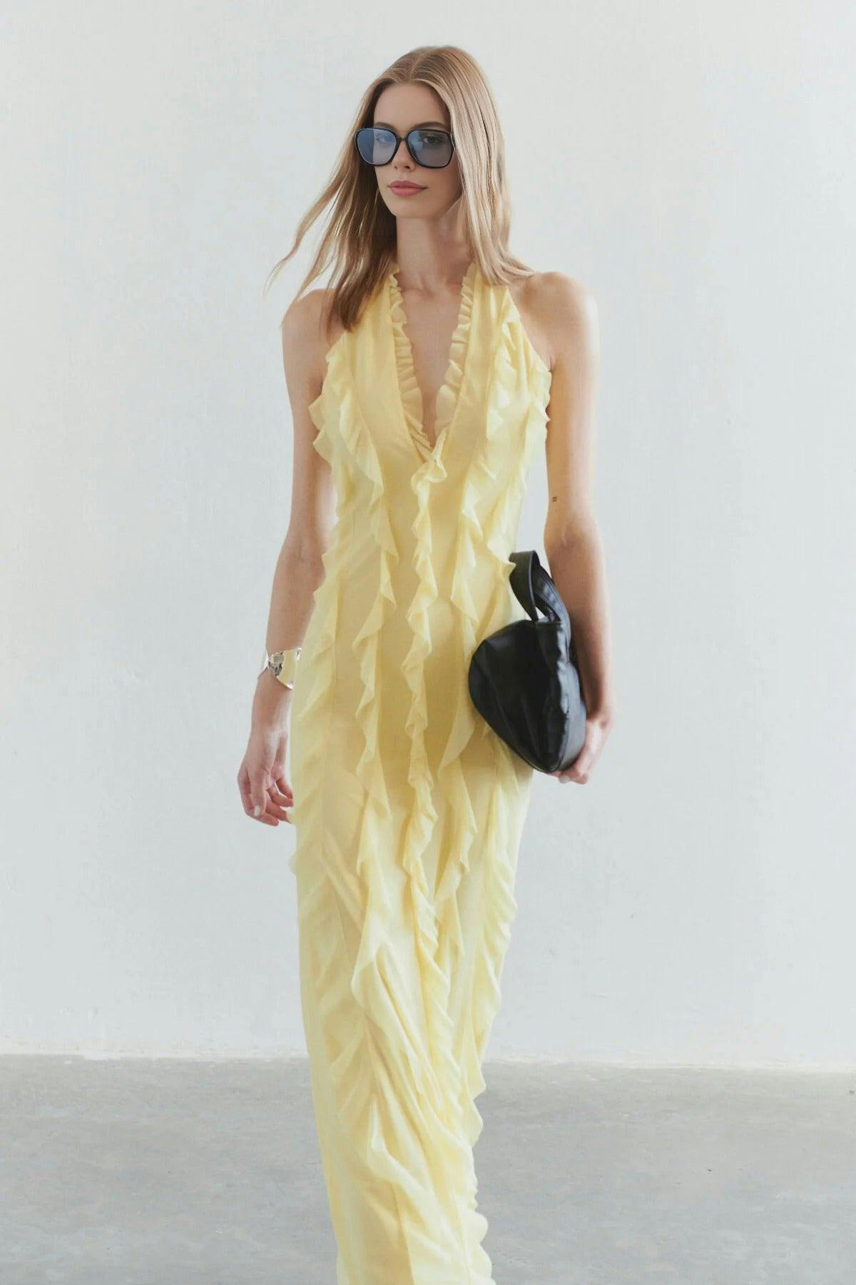 Wovcor Yellow Tulle Evening Dress With Ruffled And Lined - 6