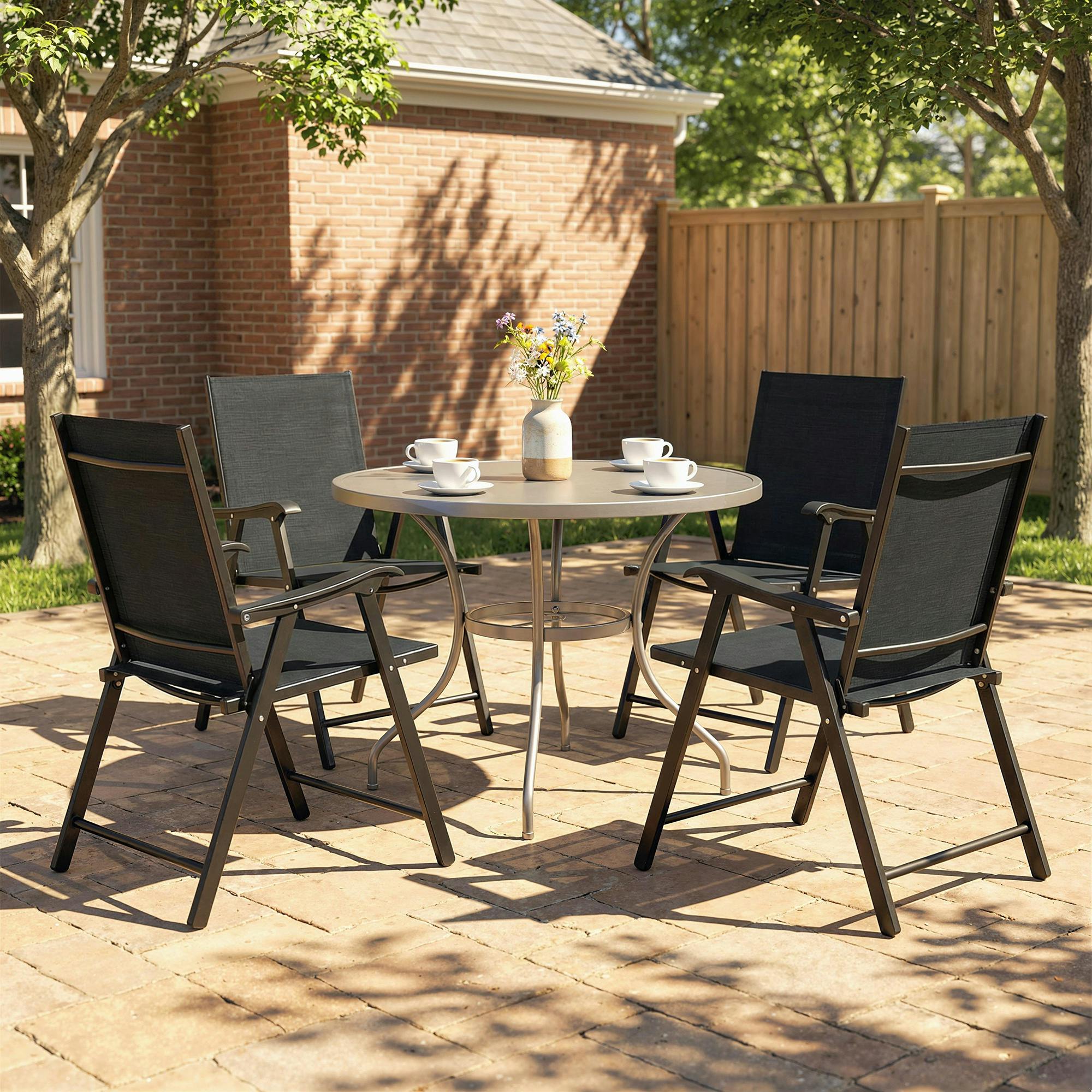 Rackhams Black Folding Garden Chairs Set With High Back, Armrests - Set Of 4 - Garden Chairs