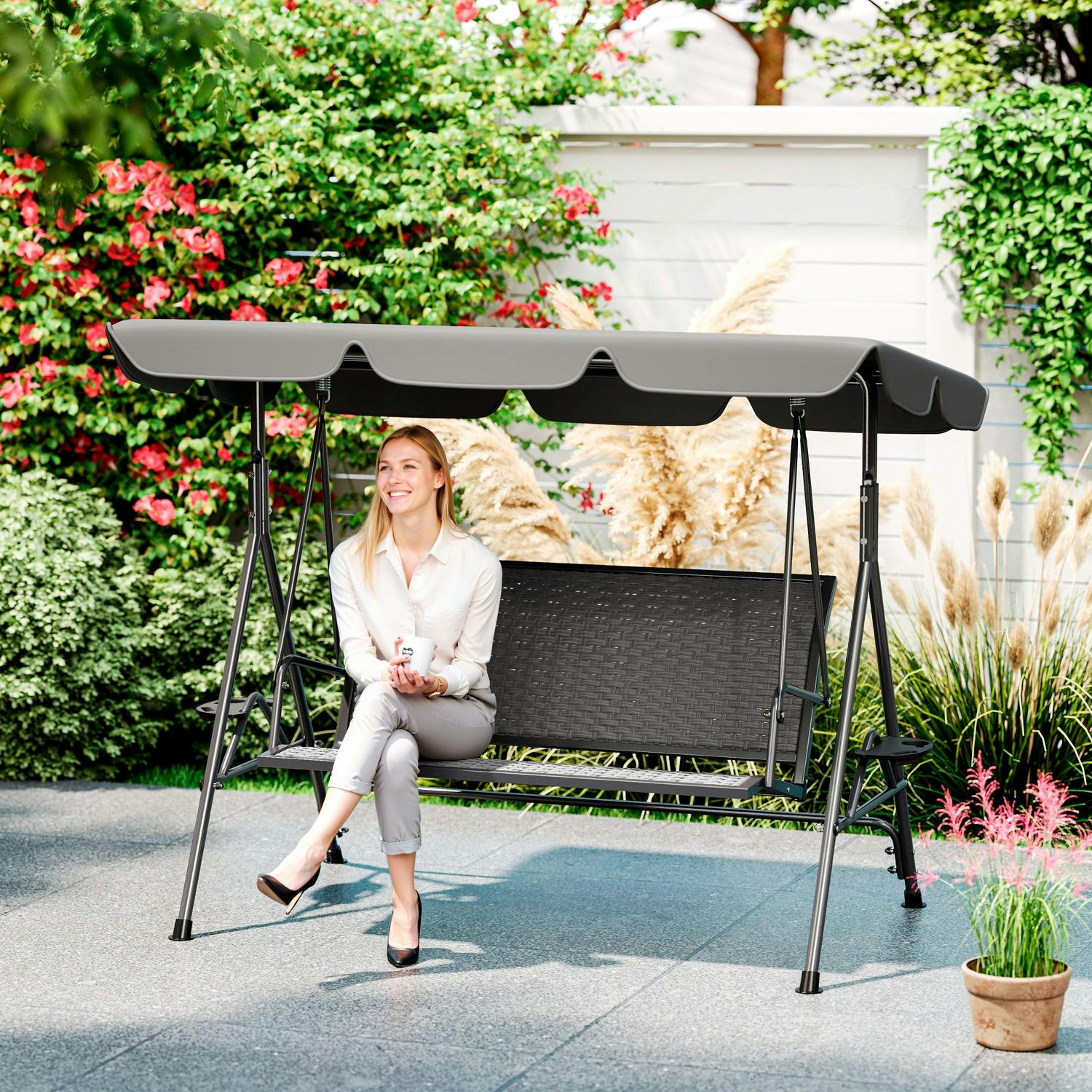 Rackhams Dark/Grey 3 Seater Garden Swing Seat Bench W/ Adjustable Canopy,