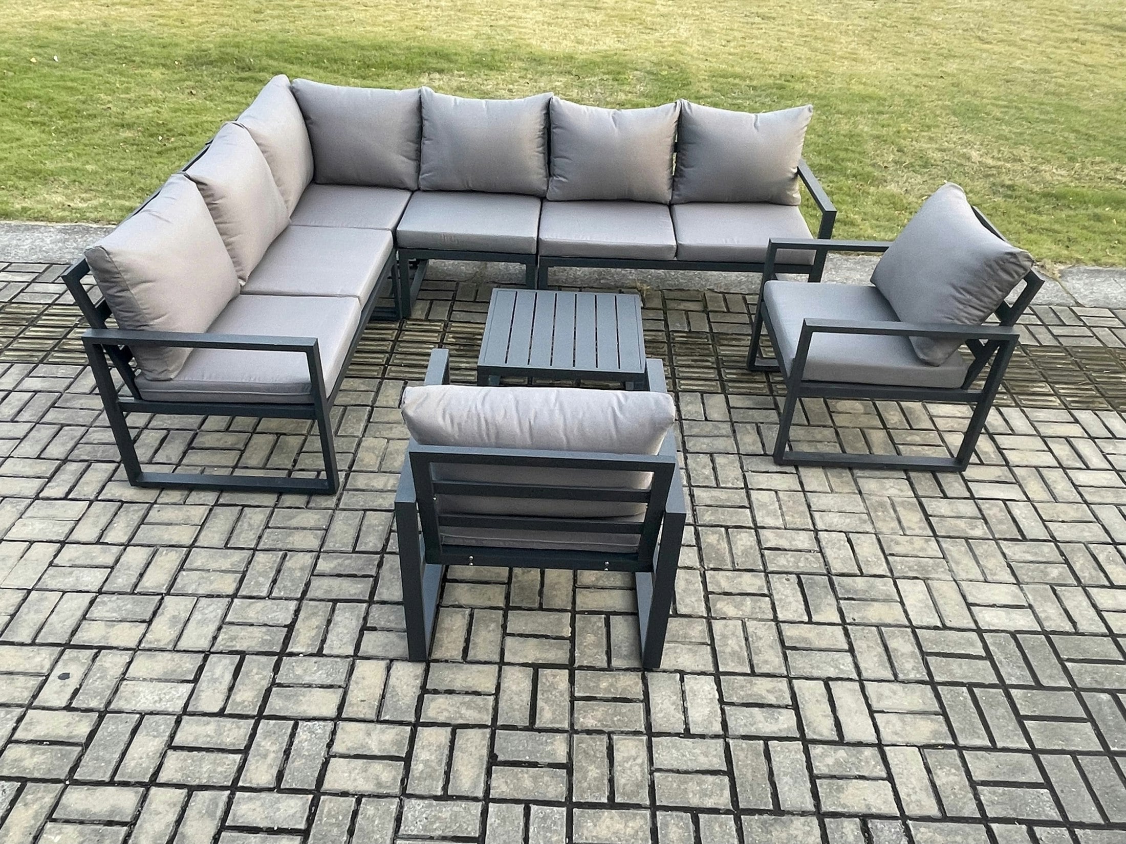 Rackhams Dark/Grey Aluminium Garden Furniture Set Outdoor Lounge Corner Sofa 2 Pcs Chair Square Coffee Table Sets 8 Seater
