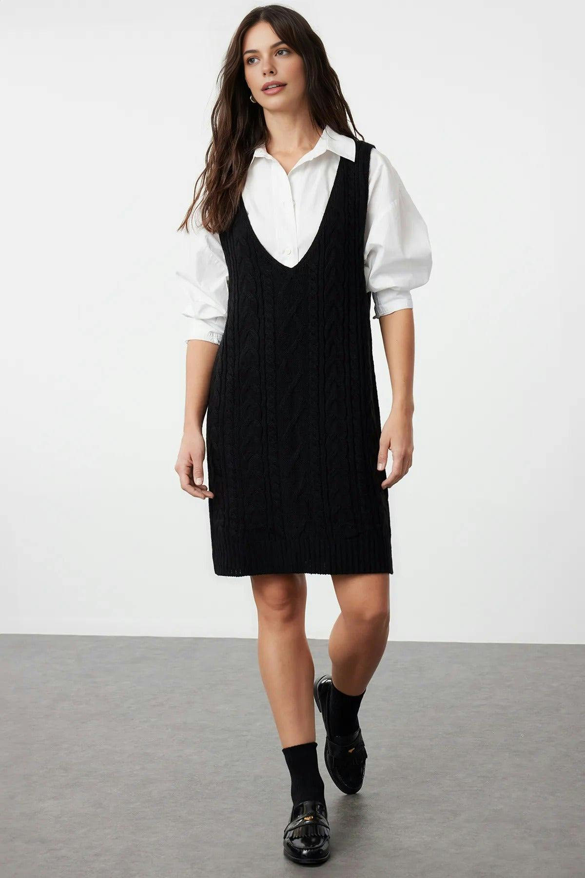 Wovcor Black Mini Hair Knitted Knitwear Vest Dress - L