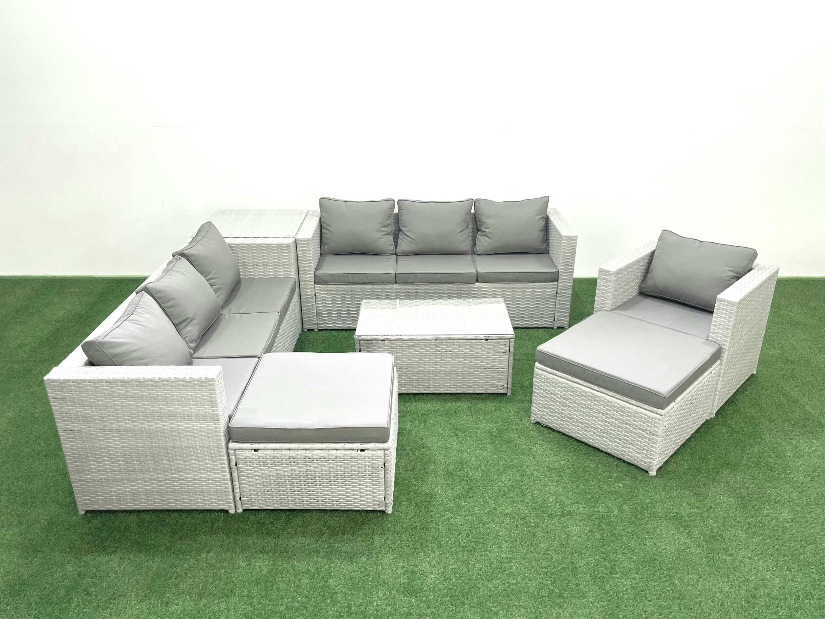 Rackhams Light/Grey Wicker Pe Rattan Sofa Garden Furniture Set With Armchair Oblong Coffee Table 2 Big Footstools Side Table Mixed